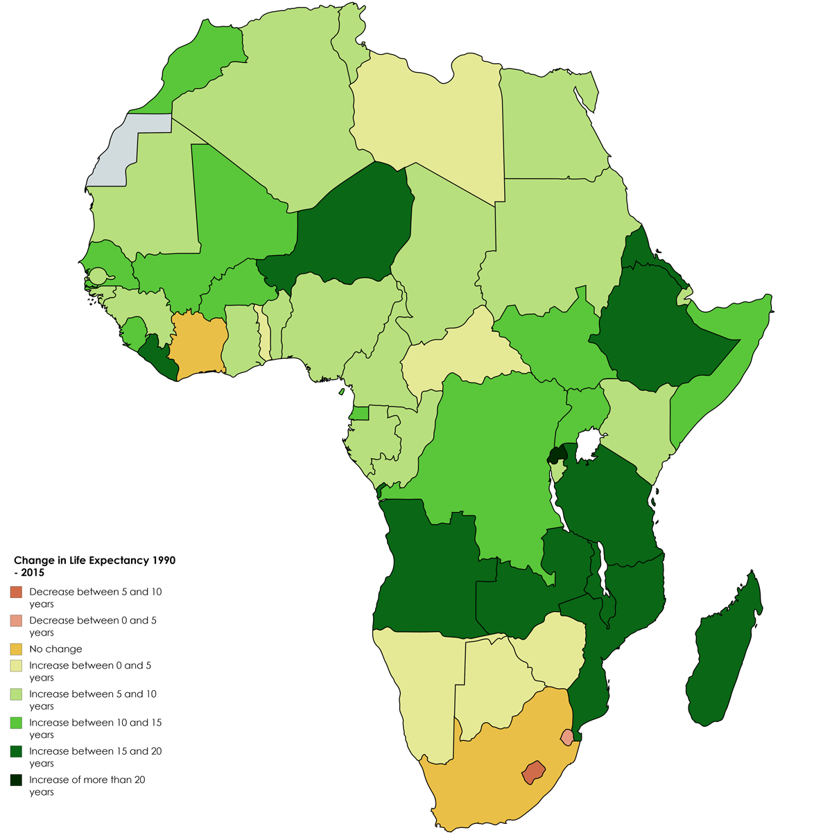 Changes in Life expectancy of African countries 1990 to 2015 [OC] [1200