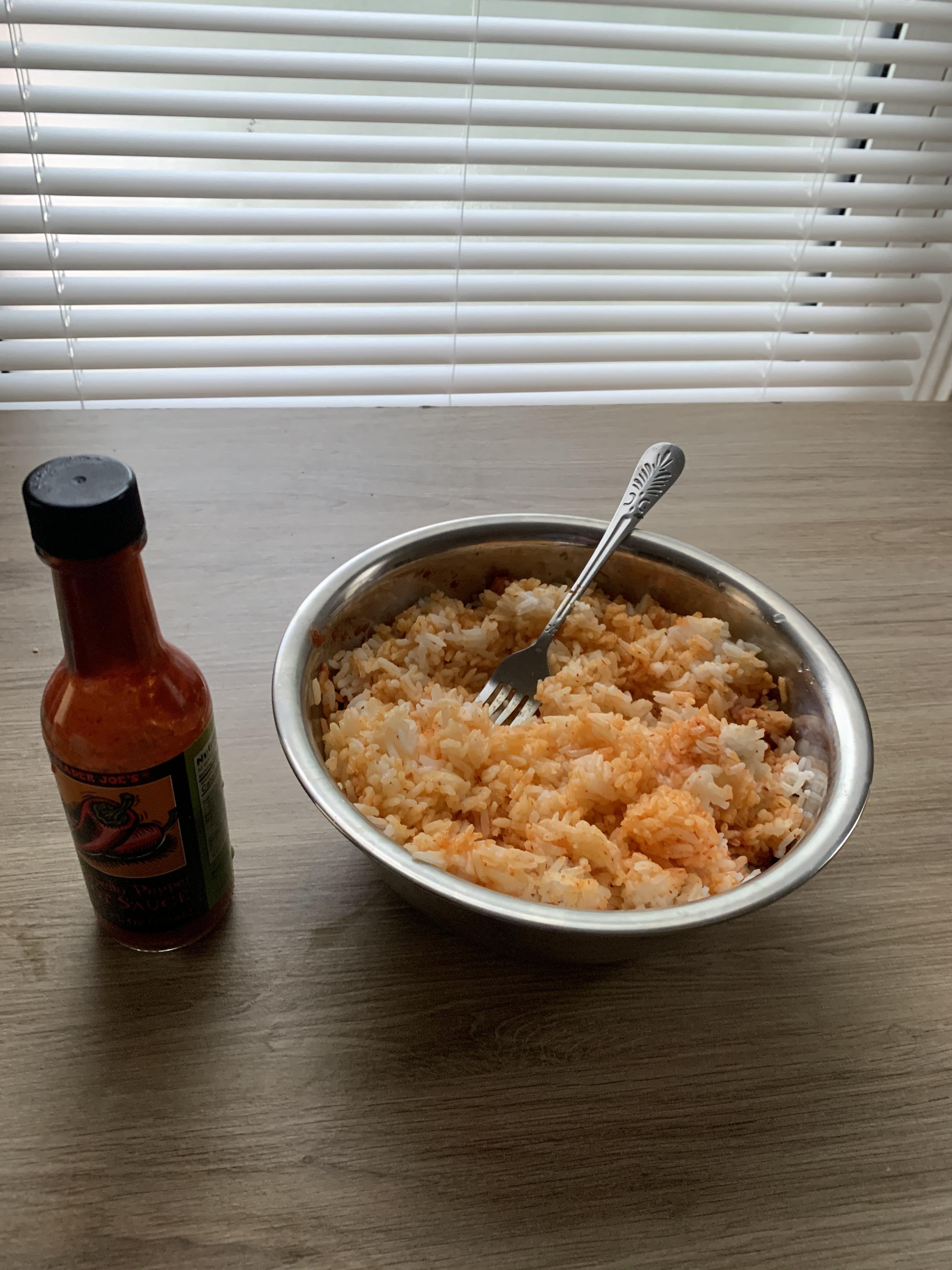 Hot sauce rice because stores are empty drunkencookery