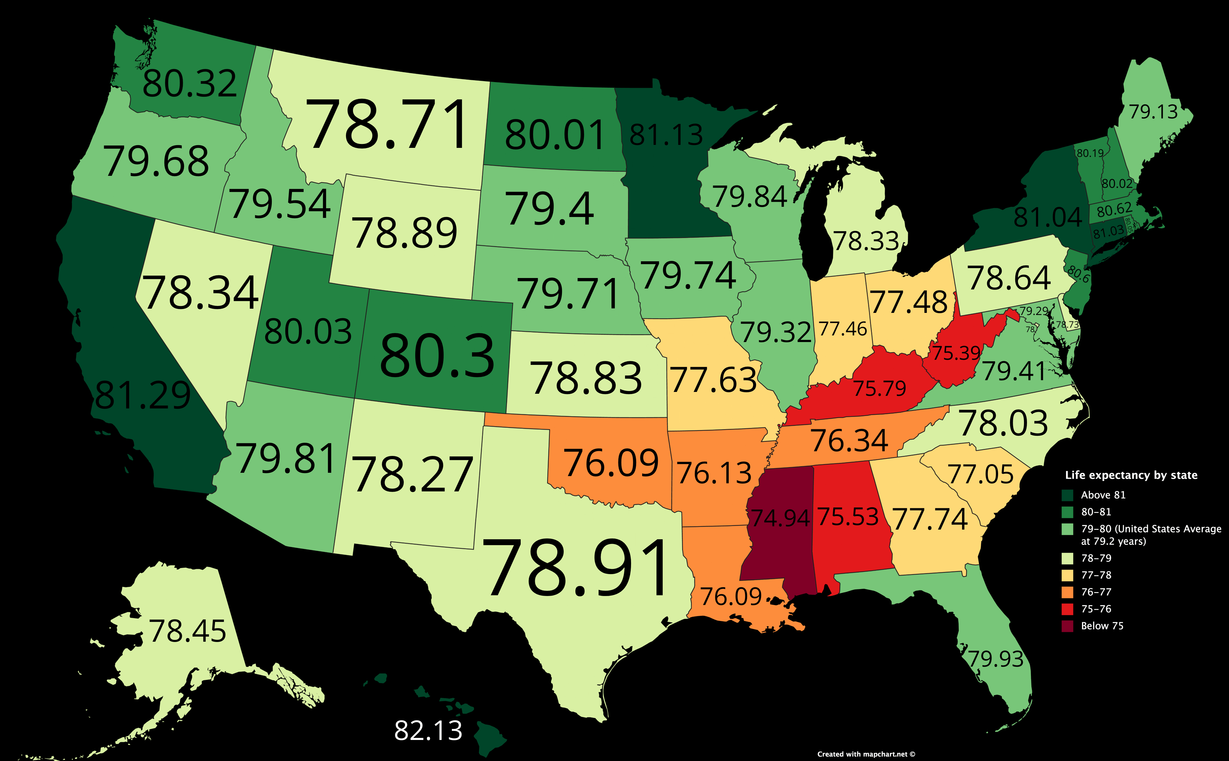 Life Expectancy at birth by state r/MapPorn