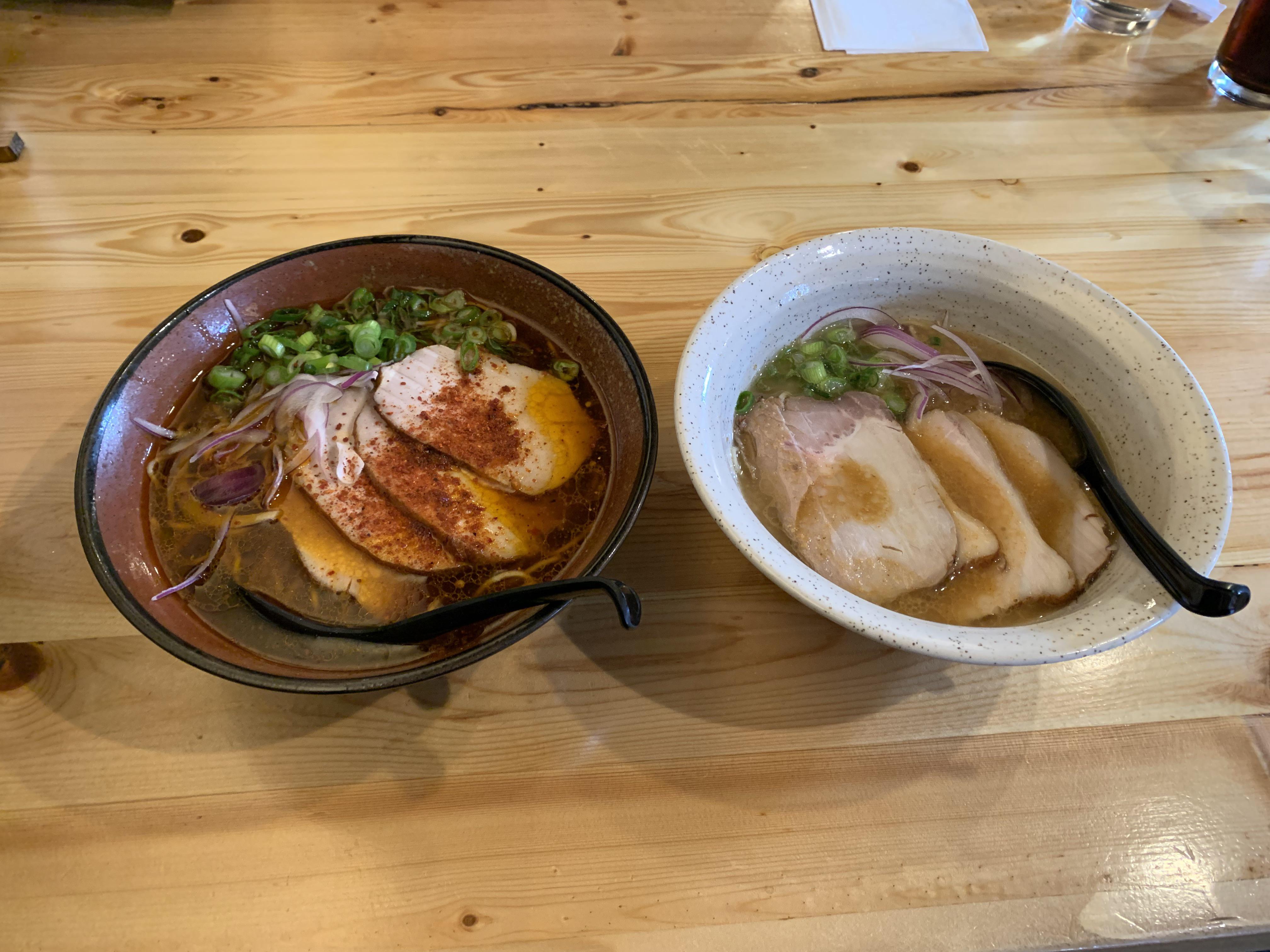 Wasabi Izakaya Kelowna BC. Spicy Yuzu Ramen on left. Miso Ramen on