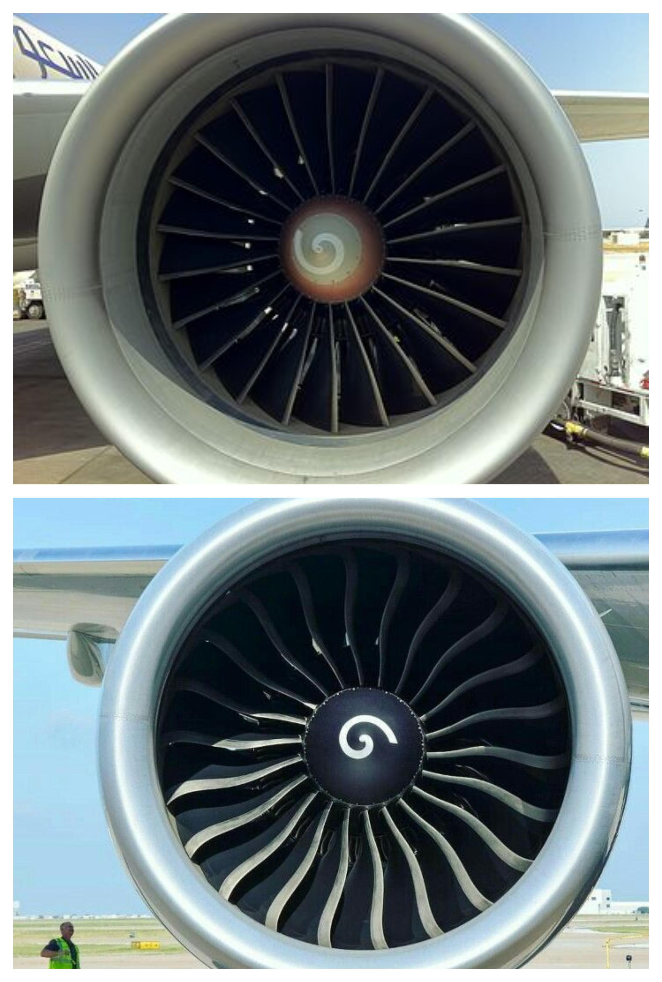 Straight fan blades of first generation GE90 found on 777200/ER vs