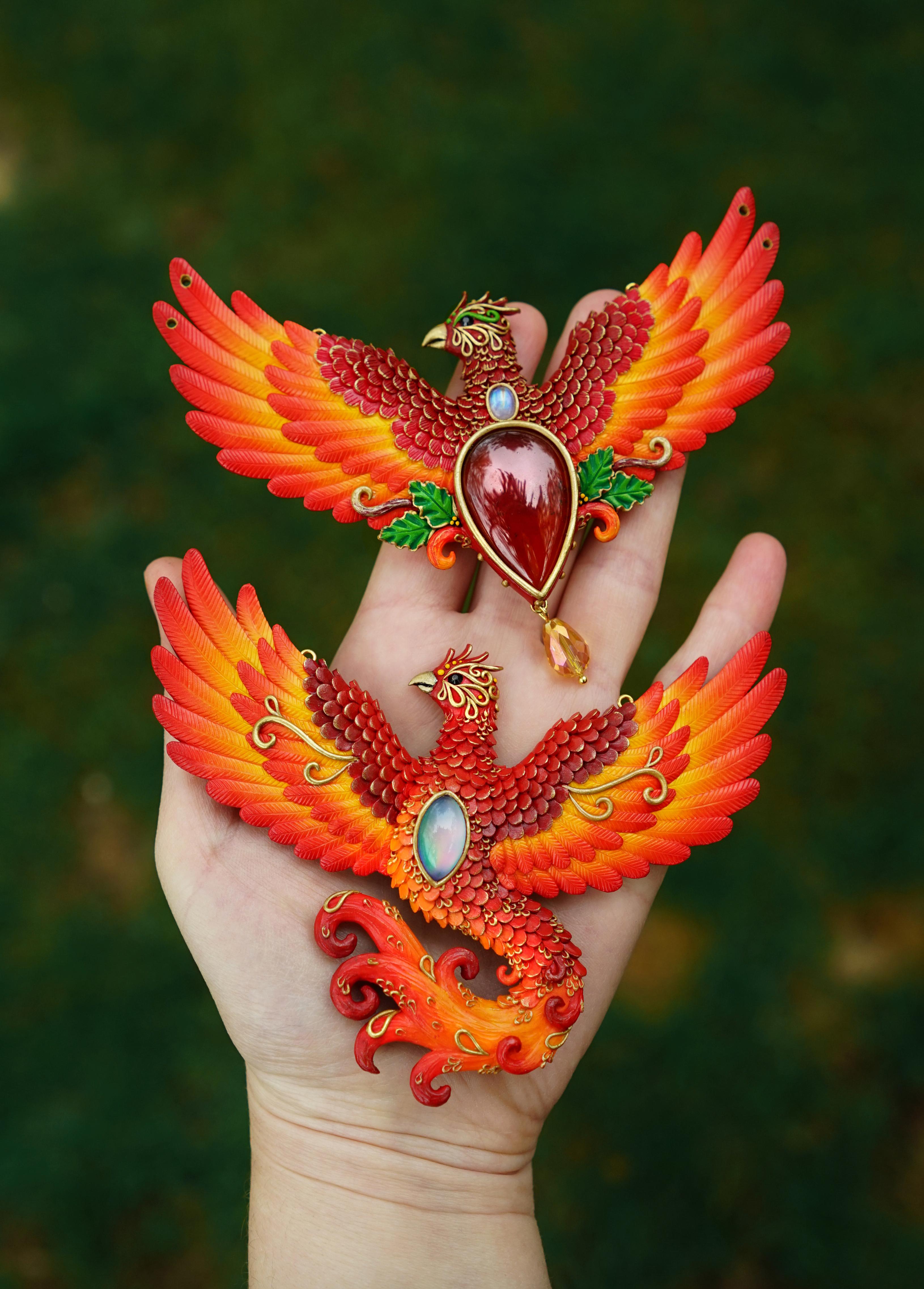 Polymer clay phoenix necklaces ) Embellished with hessonite