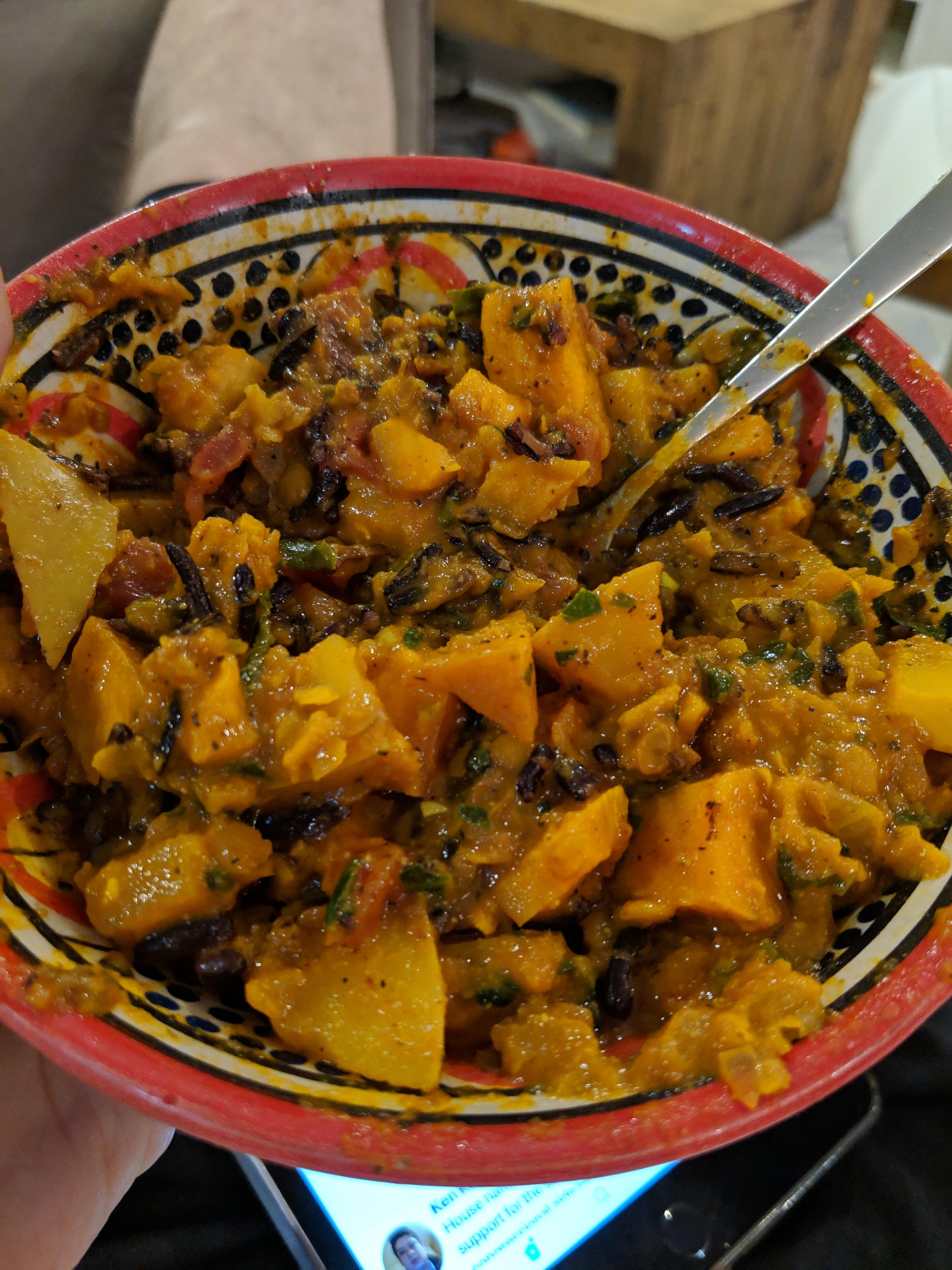 Butternut squash, sweet potato, and red lentil stew, over black wild rice. Recipe in comments