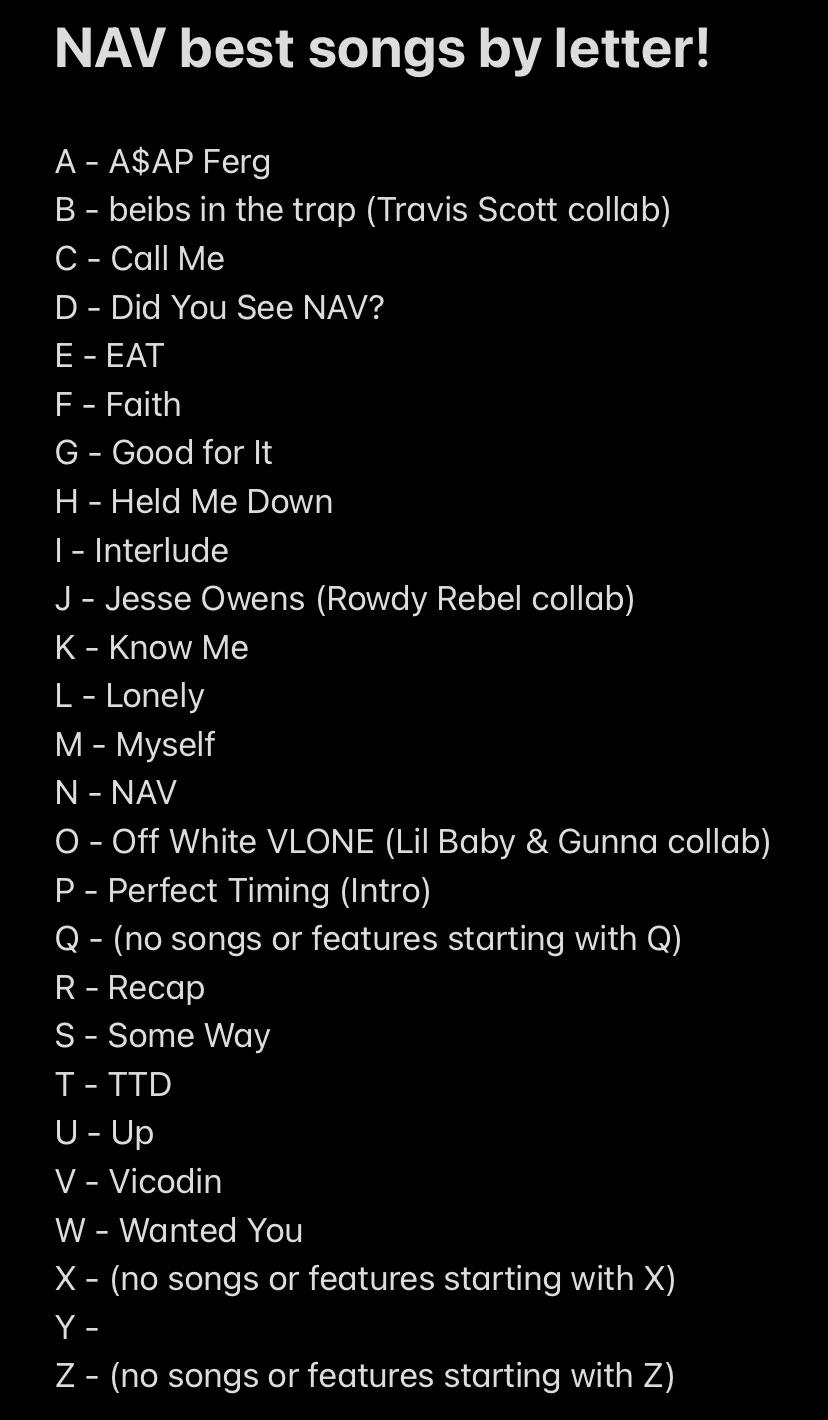 NAV best songs by letter ending with the letter Y (he has no songs or