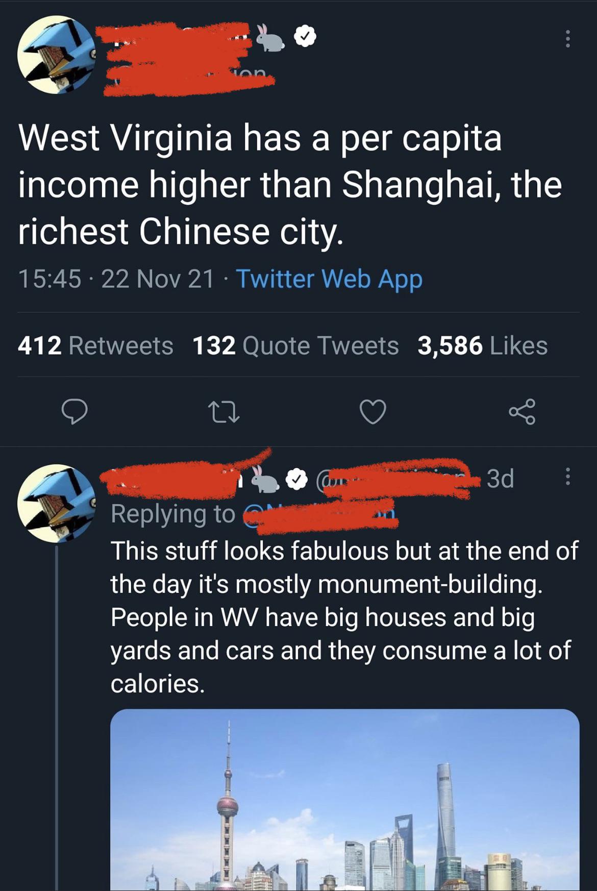West Virginia has a higher percapita than Shanghai, the richest