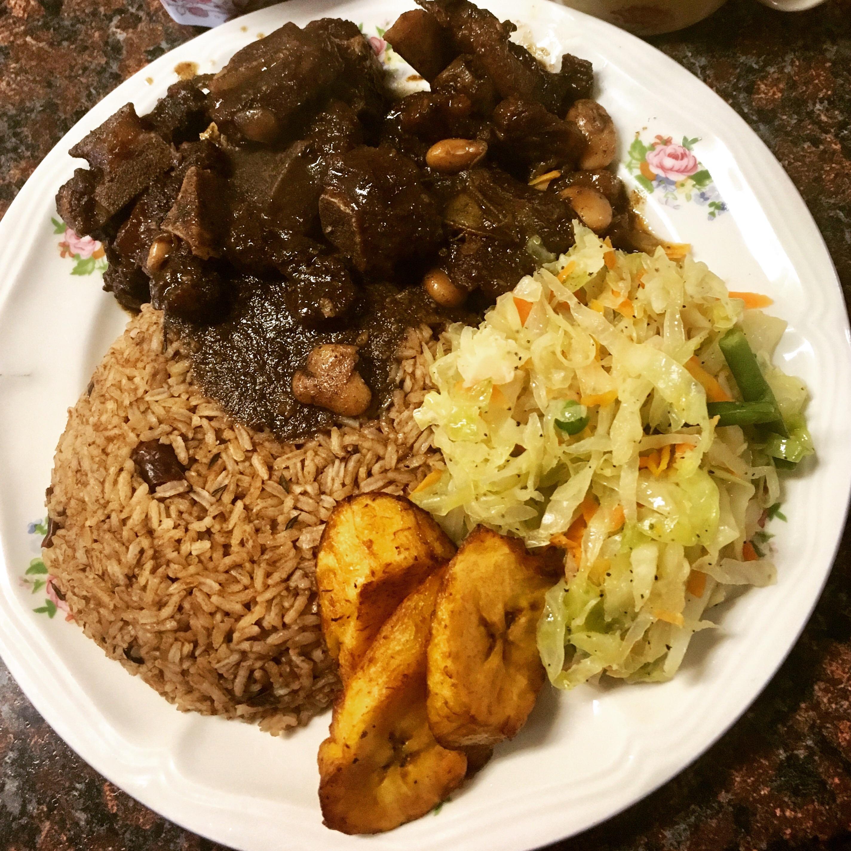 Braised Oxtail, Rice and Beans with Cabbage and Fried Plantain