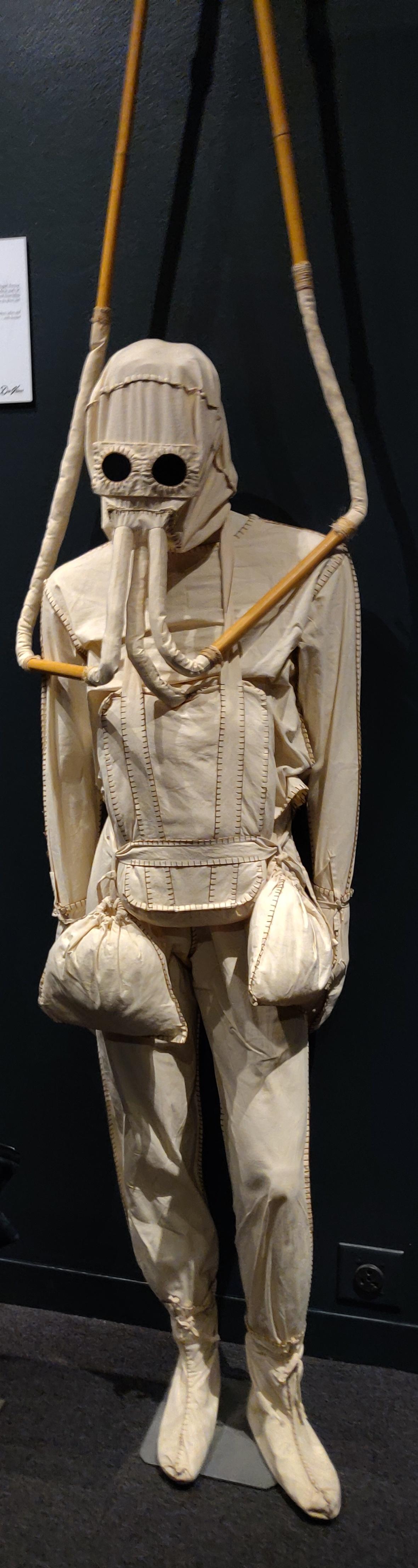 Diving suit designed by da Vinci in 1500. Leather suit with cane tubes