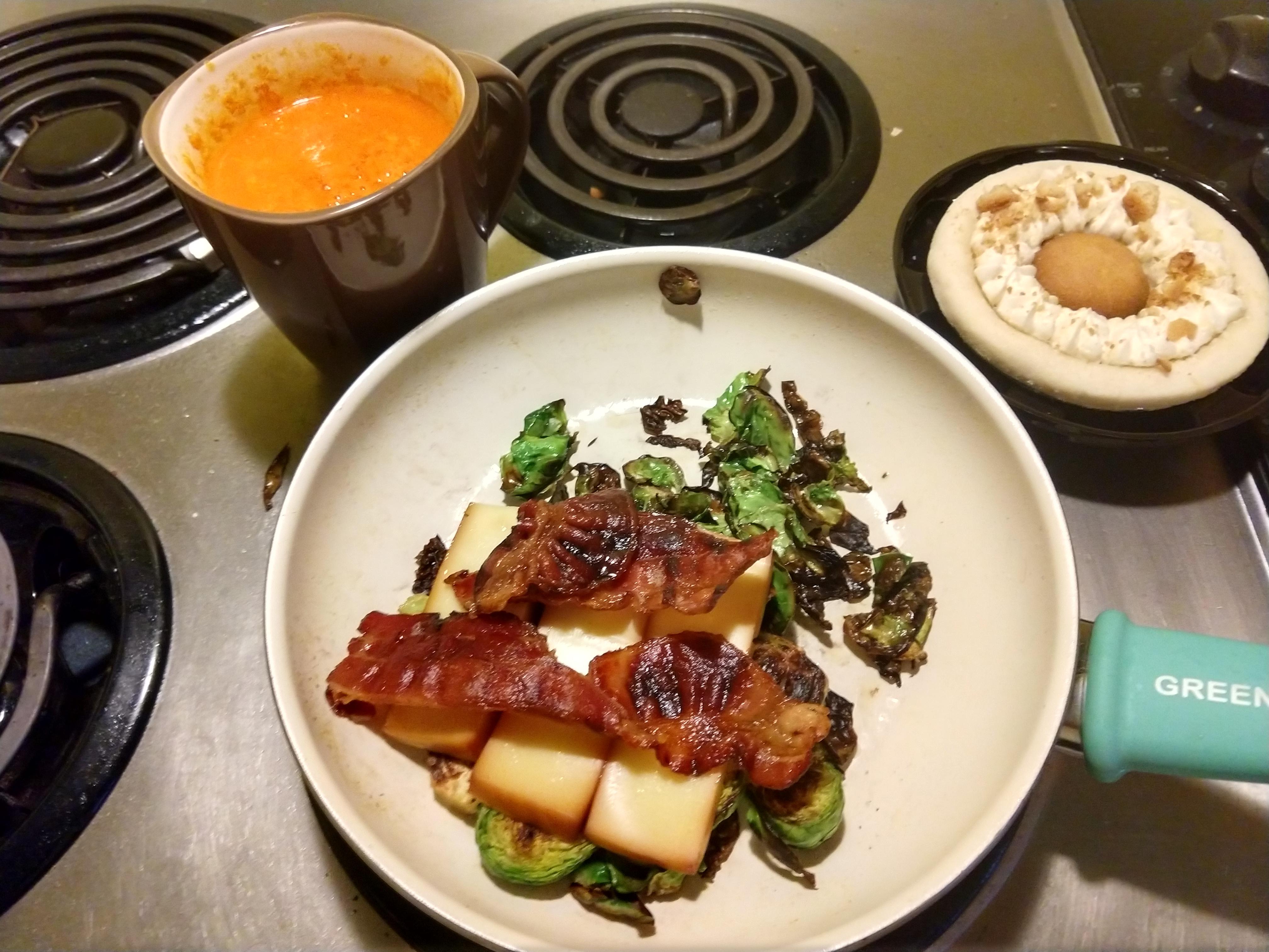 Brussel sprouts, gruyère cheese, bacon, cup of tomato soup, and banana