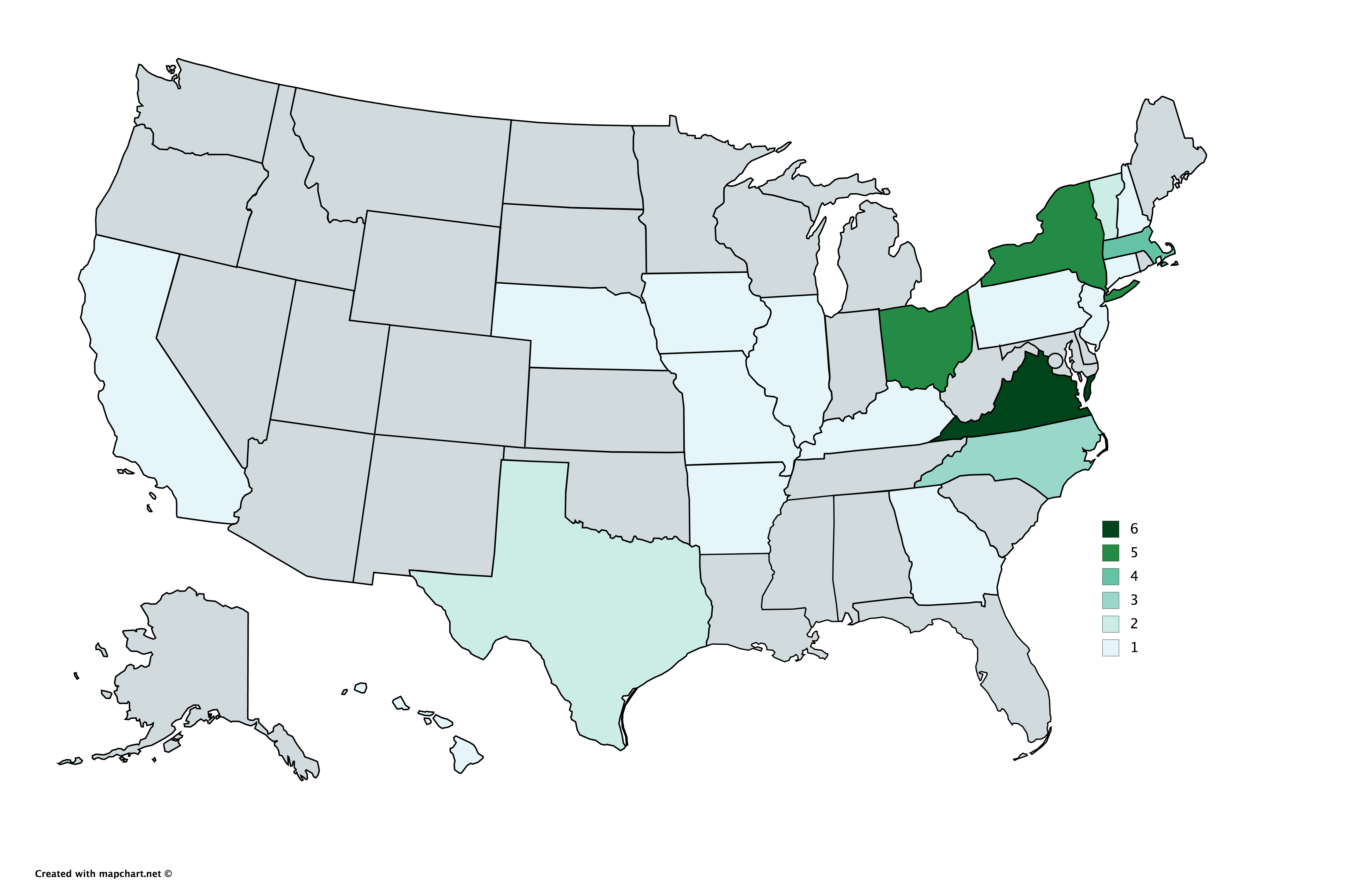 How many U.S presidents has each state produced? [5400x3586] r/MapPorn