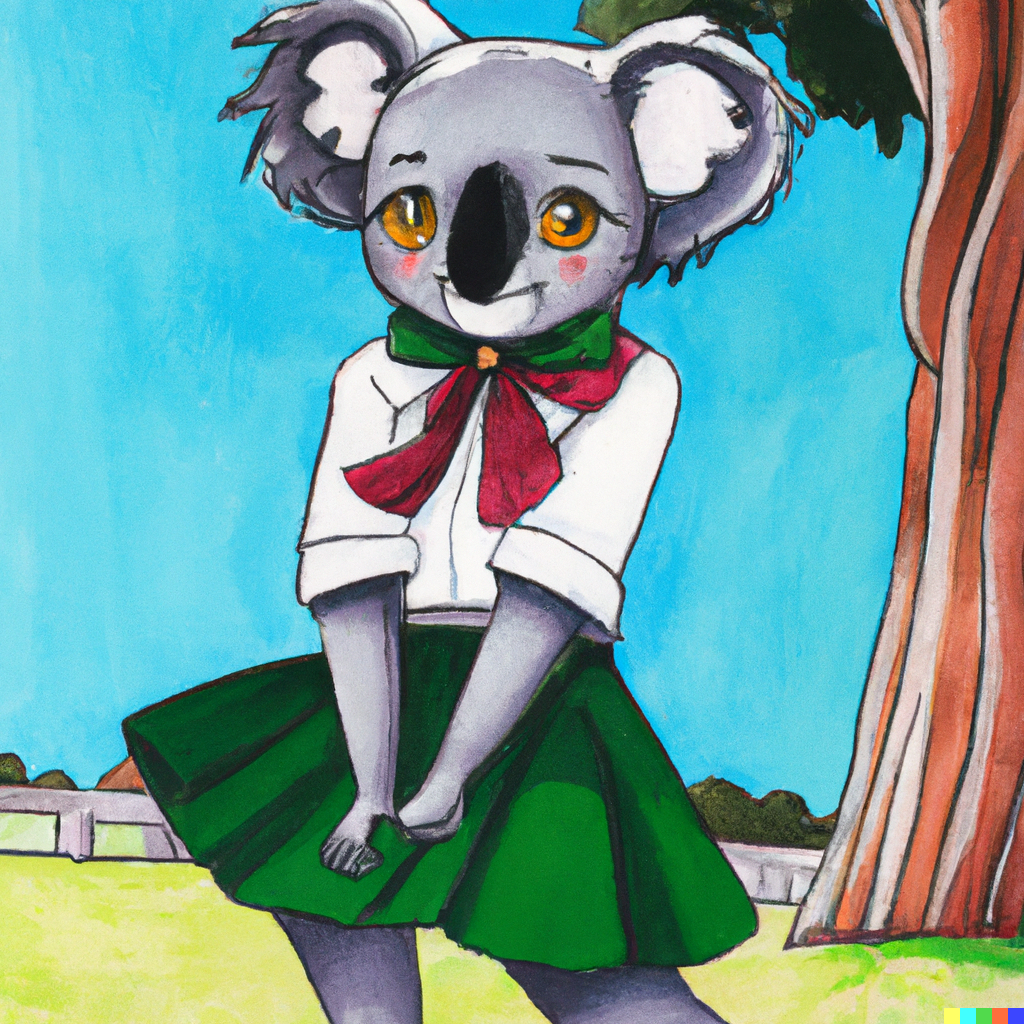 A cute female anthropomorphic koala wearing a school uniform and a bow