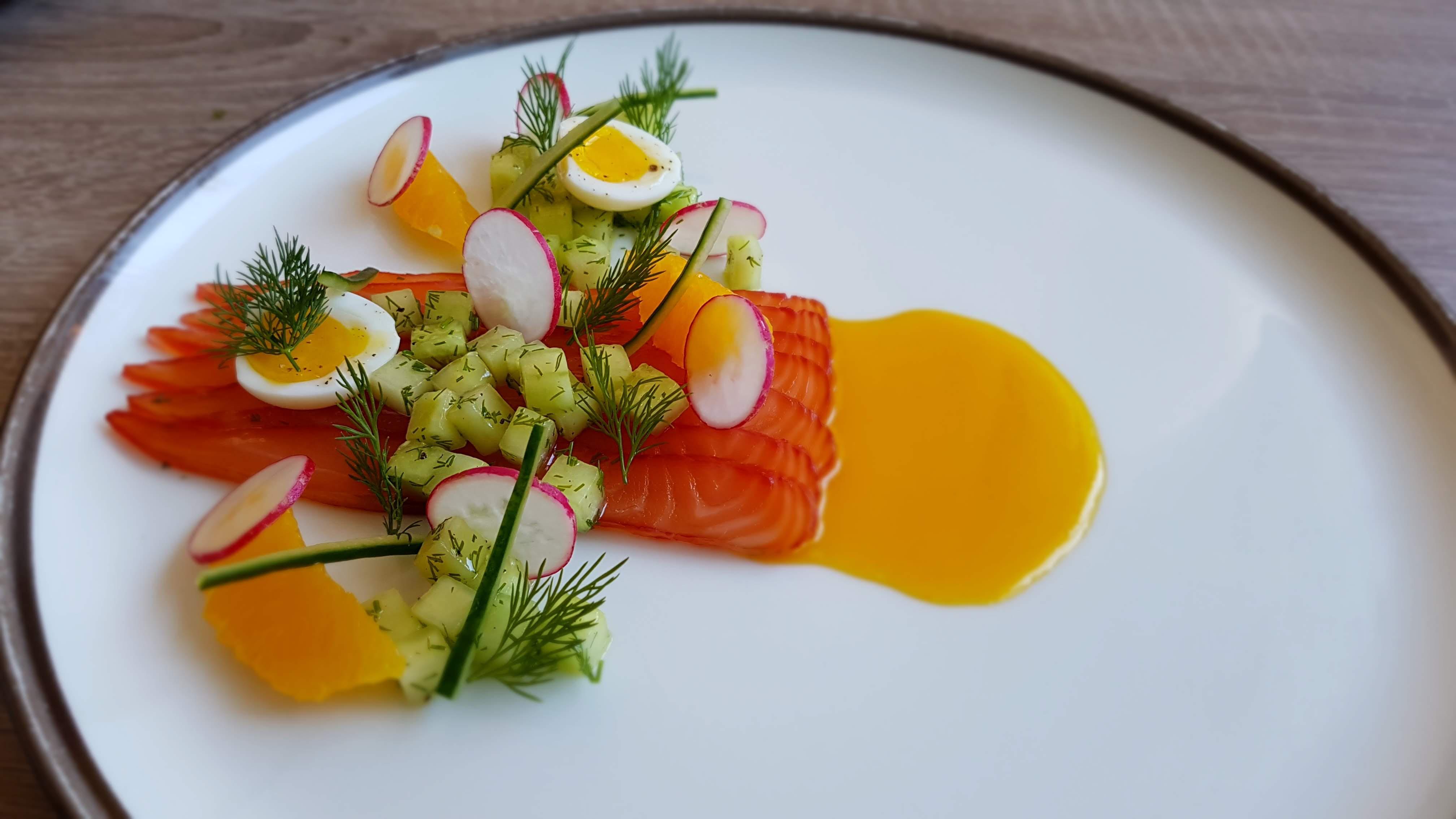 Salmon gravlax with cucumber, quail egg and orange sauce r/CulinaryPlating