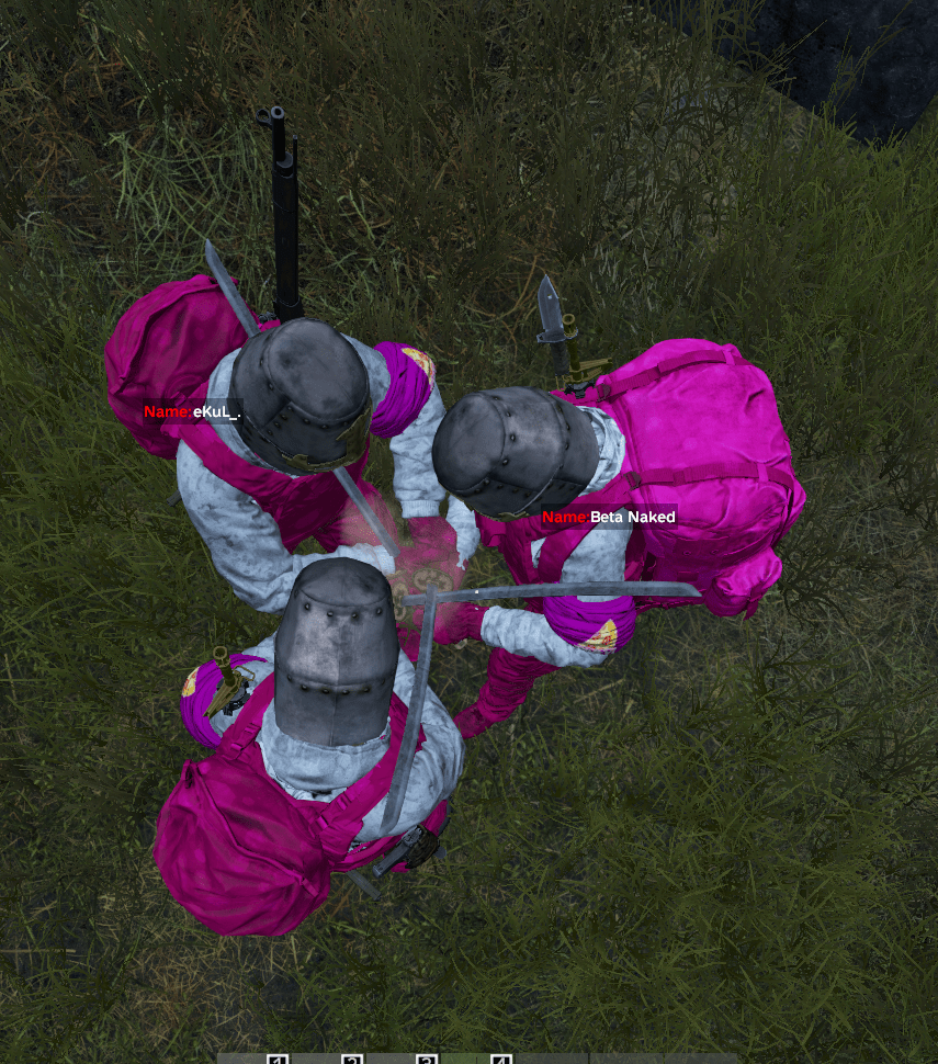 Pink armor, ahegao hoodies, knight helmets, katanas, and golden m4s. We