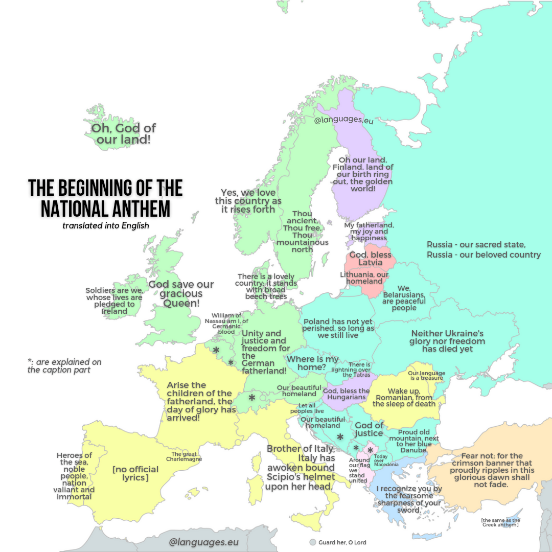 The beginning of the European national anthems translated into English