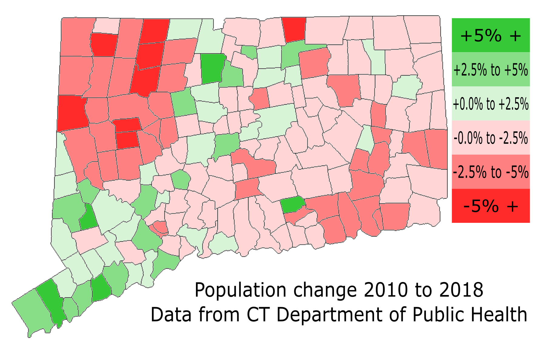 [OC] Population Change in Connecticut Towns from 2010 to 2018 r/MapPorn