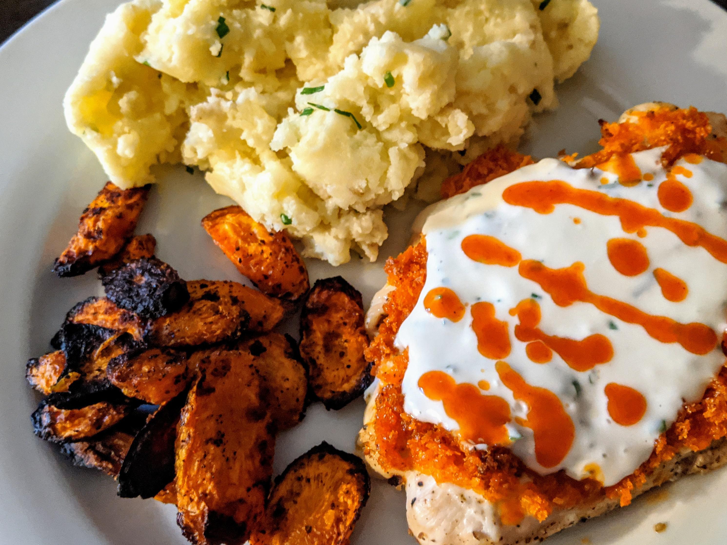Crispy BuffaloSpiced Chicken with Blue Cheese Sauce, Sour Cream 'n
