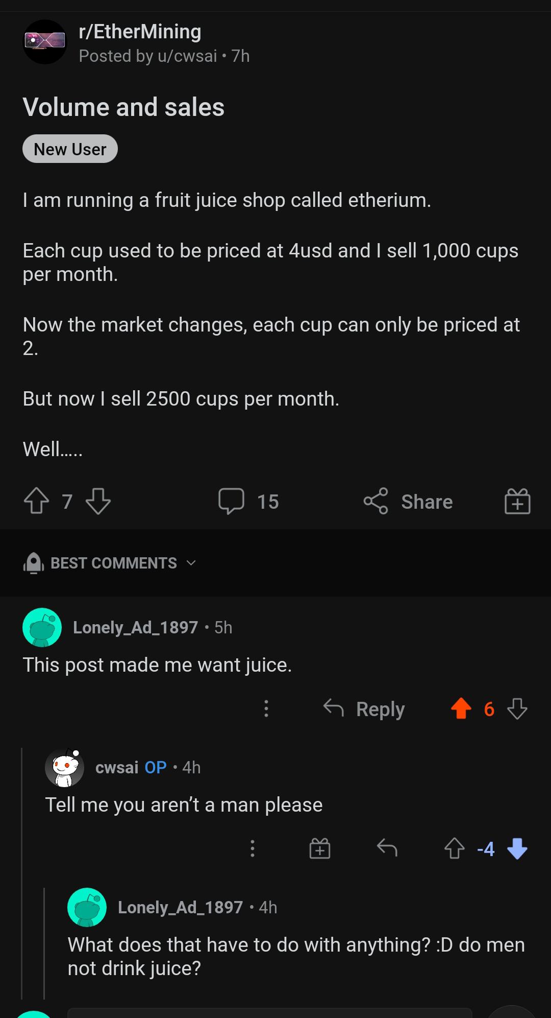 Men can't drink juice? Spotted in a crypto mining subreddit r/pointlesslygendered