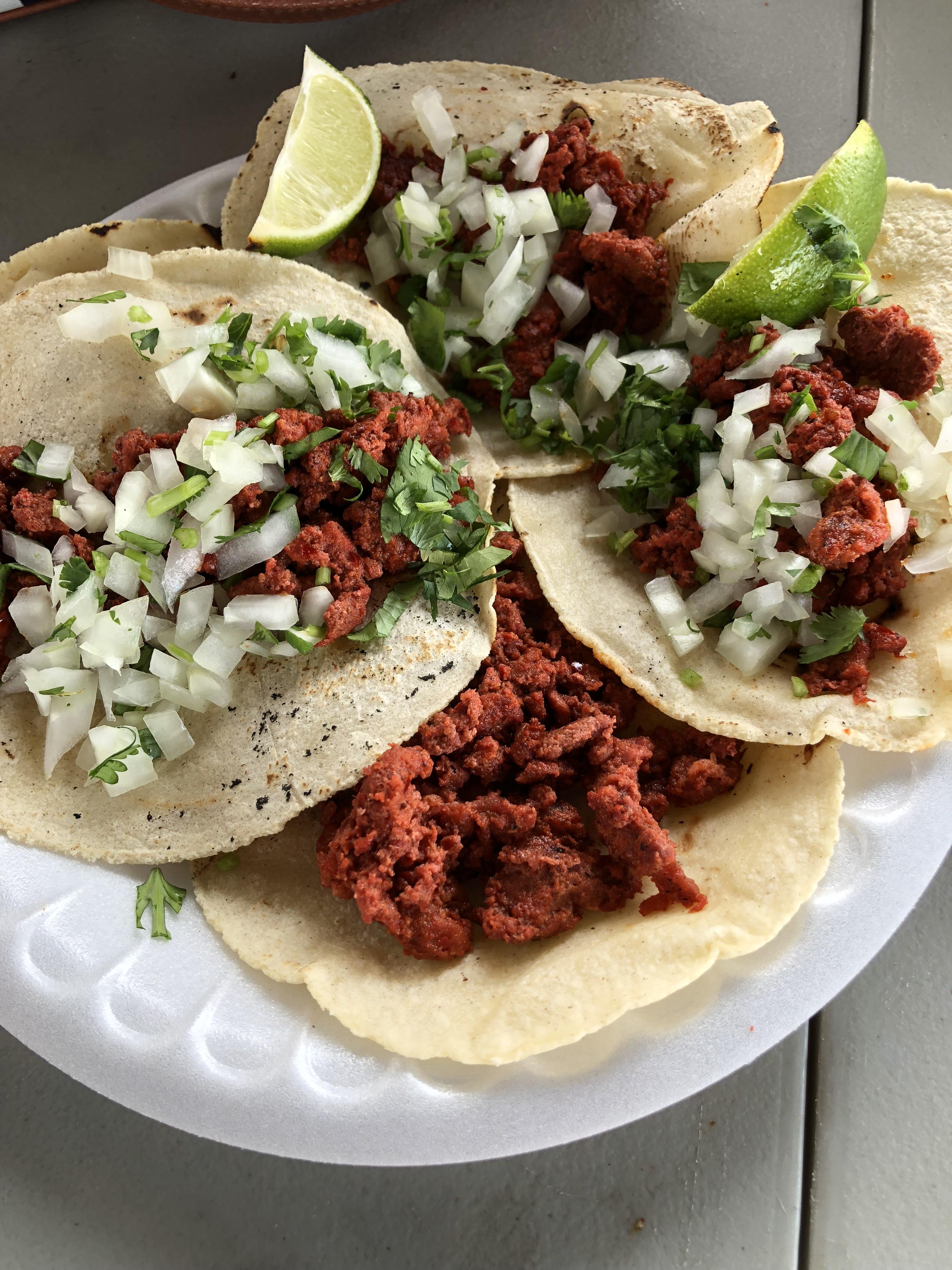 [I ate] Chorizo tacos with cilantro and lime on freshly made tortillas