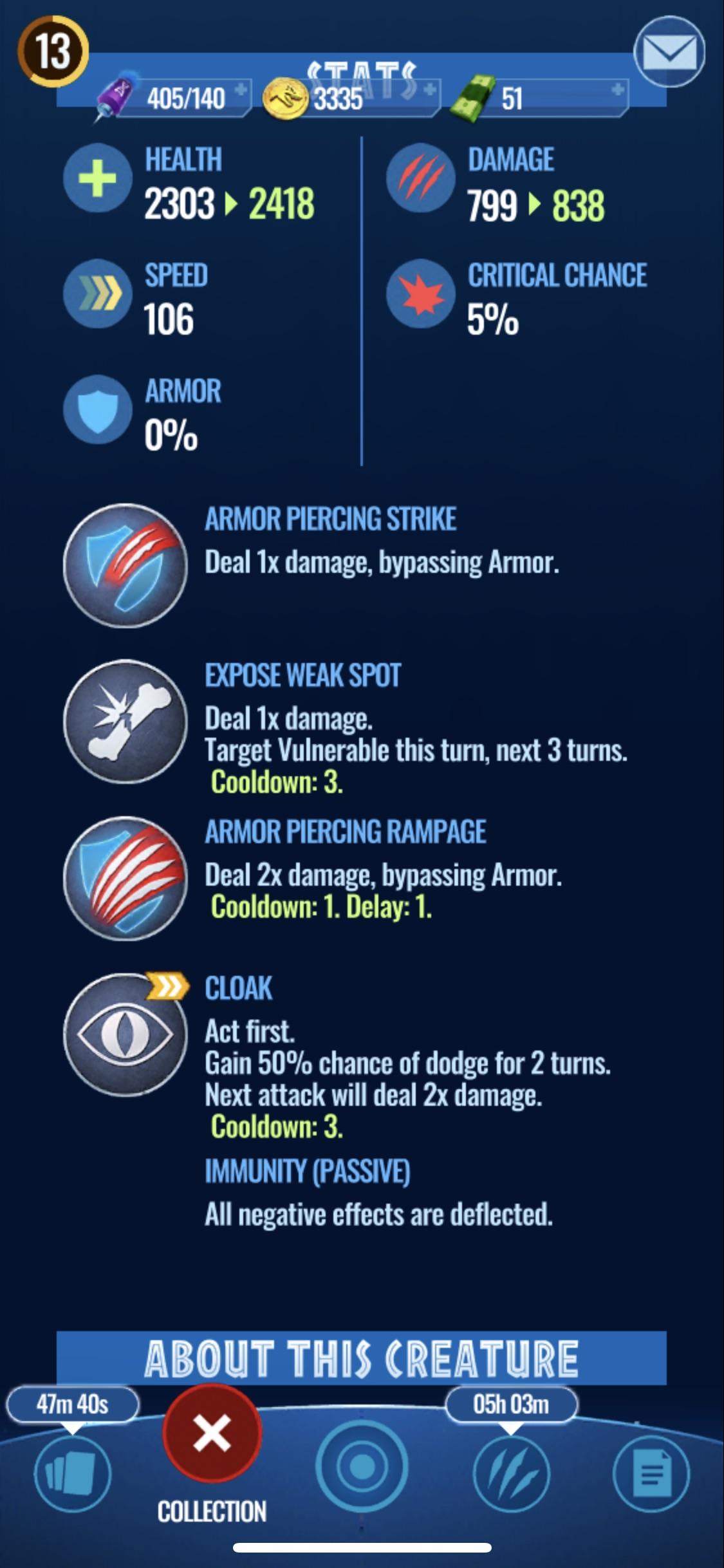 My Indominus Rex’s stats r/JurassicWorldAlive