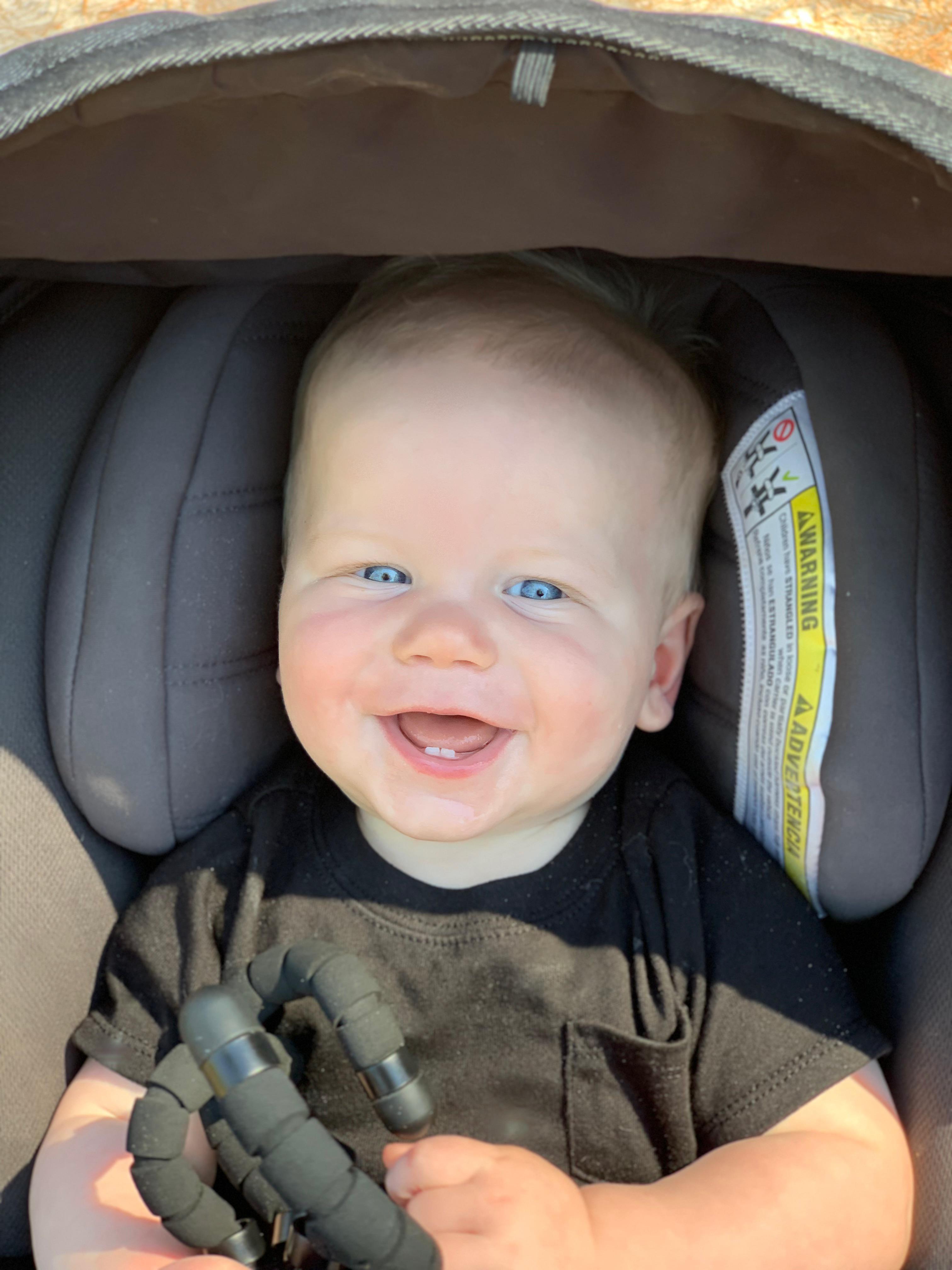 My son! Can anyone take out that car seat warning sign on the right