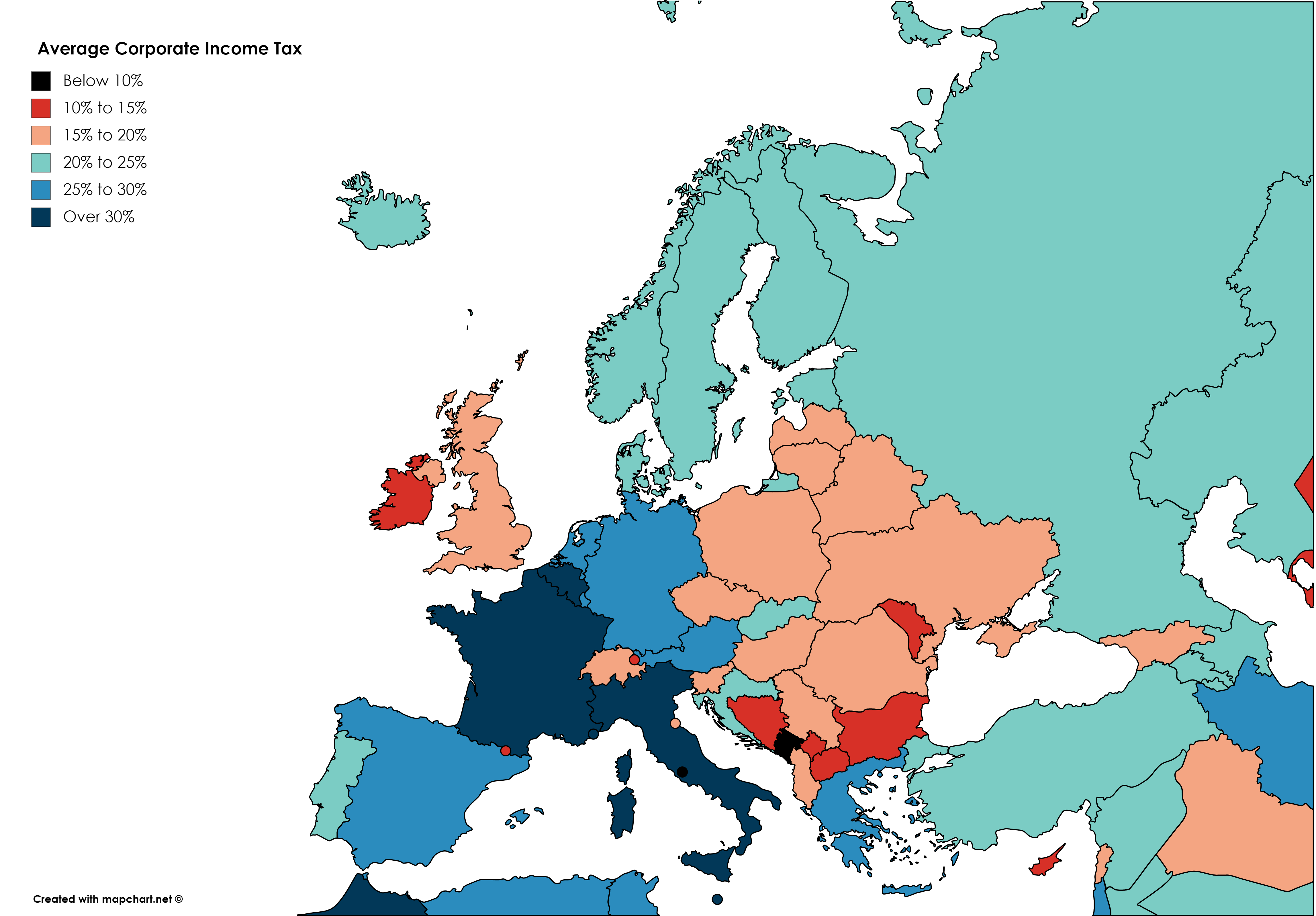 Average corporate tax rates in Europe and surrounding countries
