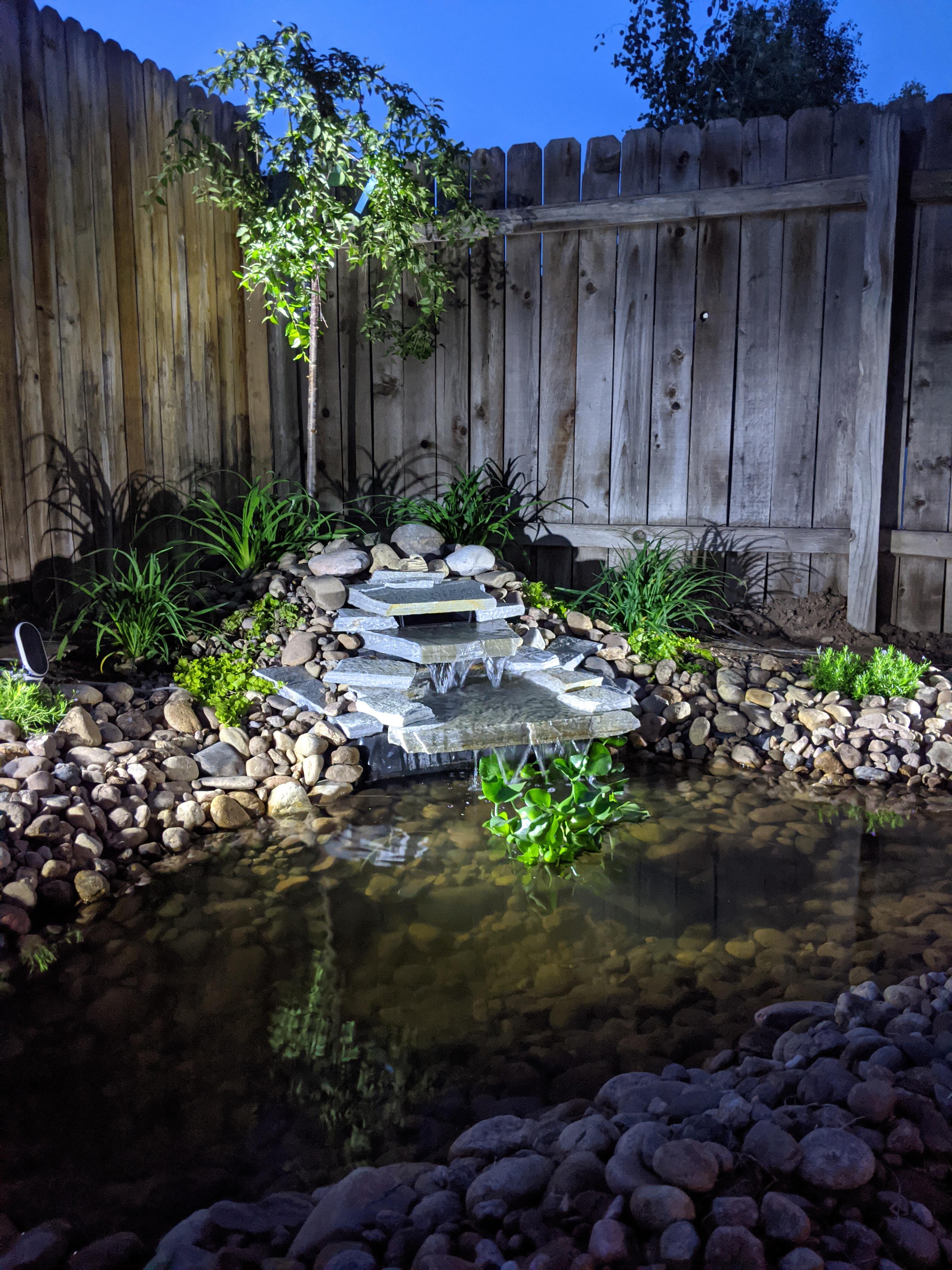 Built our small first pond! Solar powered (with backup battery) and a