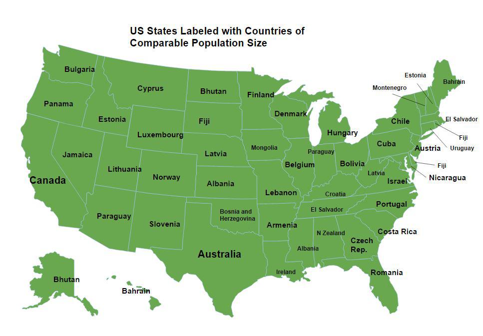 US States Labeled with Countries of Comparable Population Size r/MapPorn