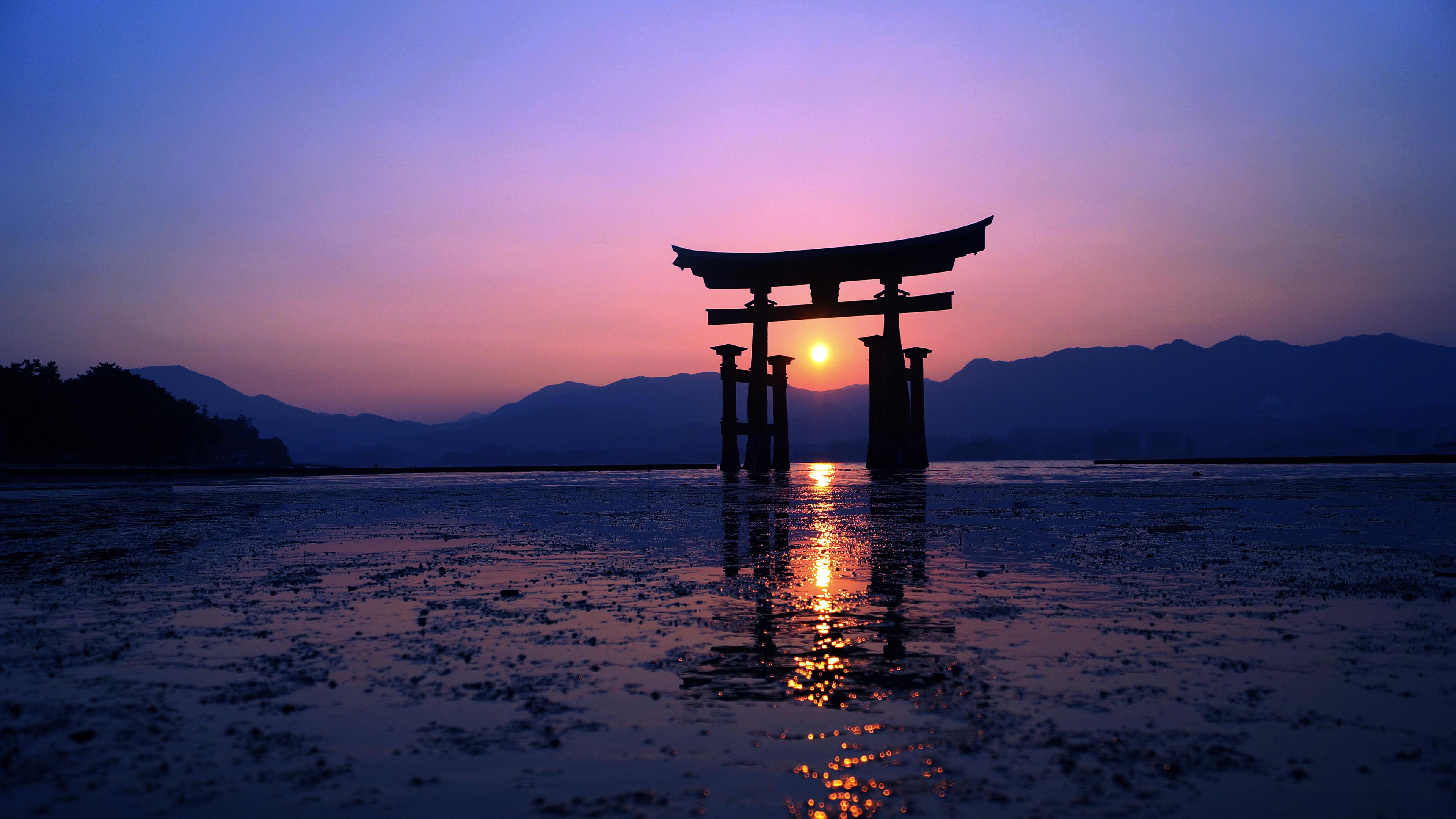 Japanese Torii gate at sunset HD Wallpapers