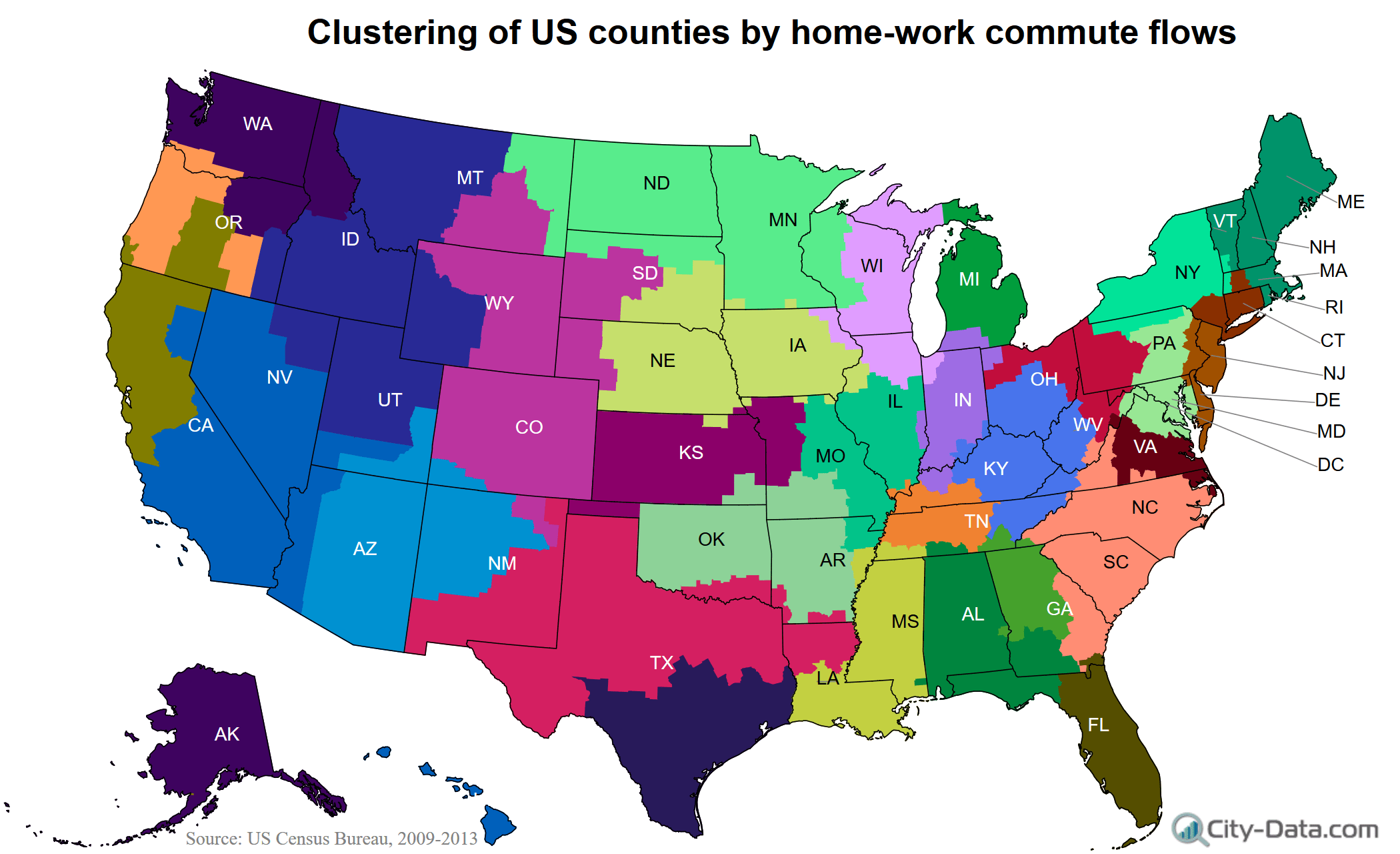 Clustering of US counties by homework commute flows [OC] r/MapPorn