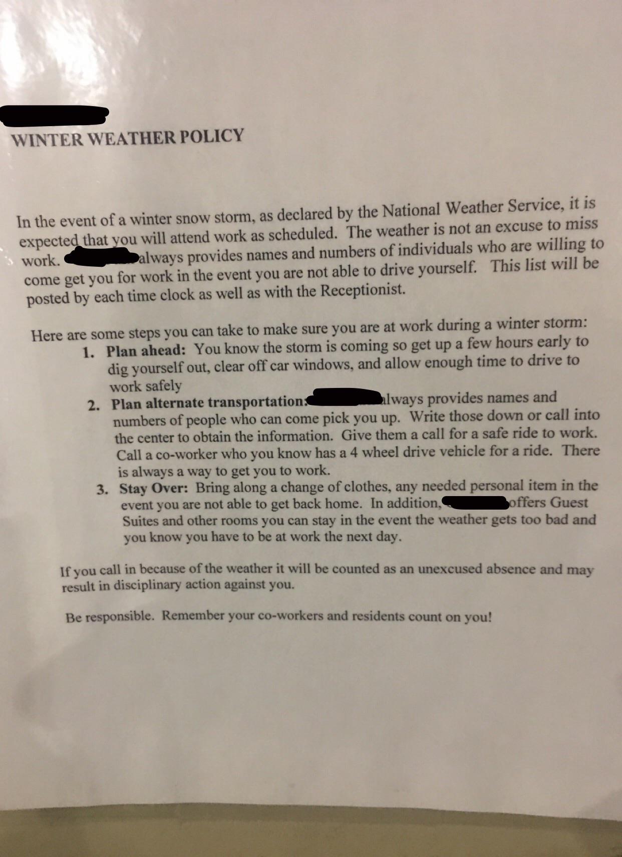 Found this ridiculous winter weather policy at my work...mostly for