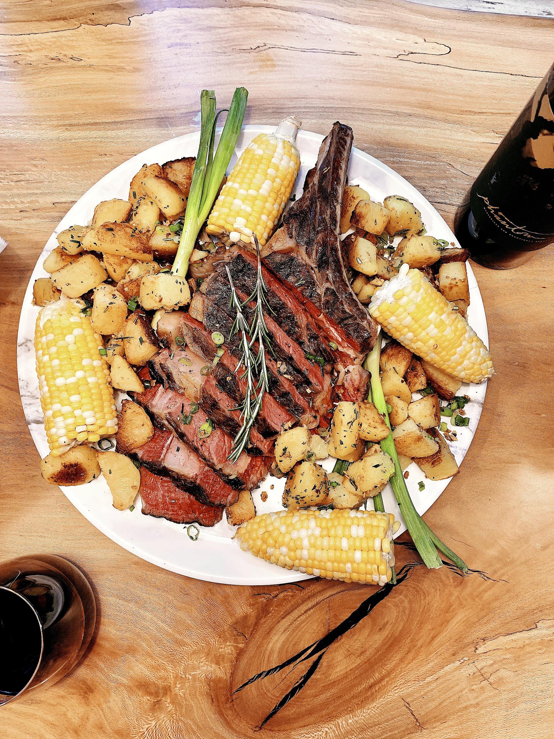 6 hr 130° Bonein Ribeye with serious eats potatoes and Bogle Phantom