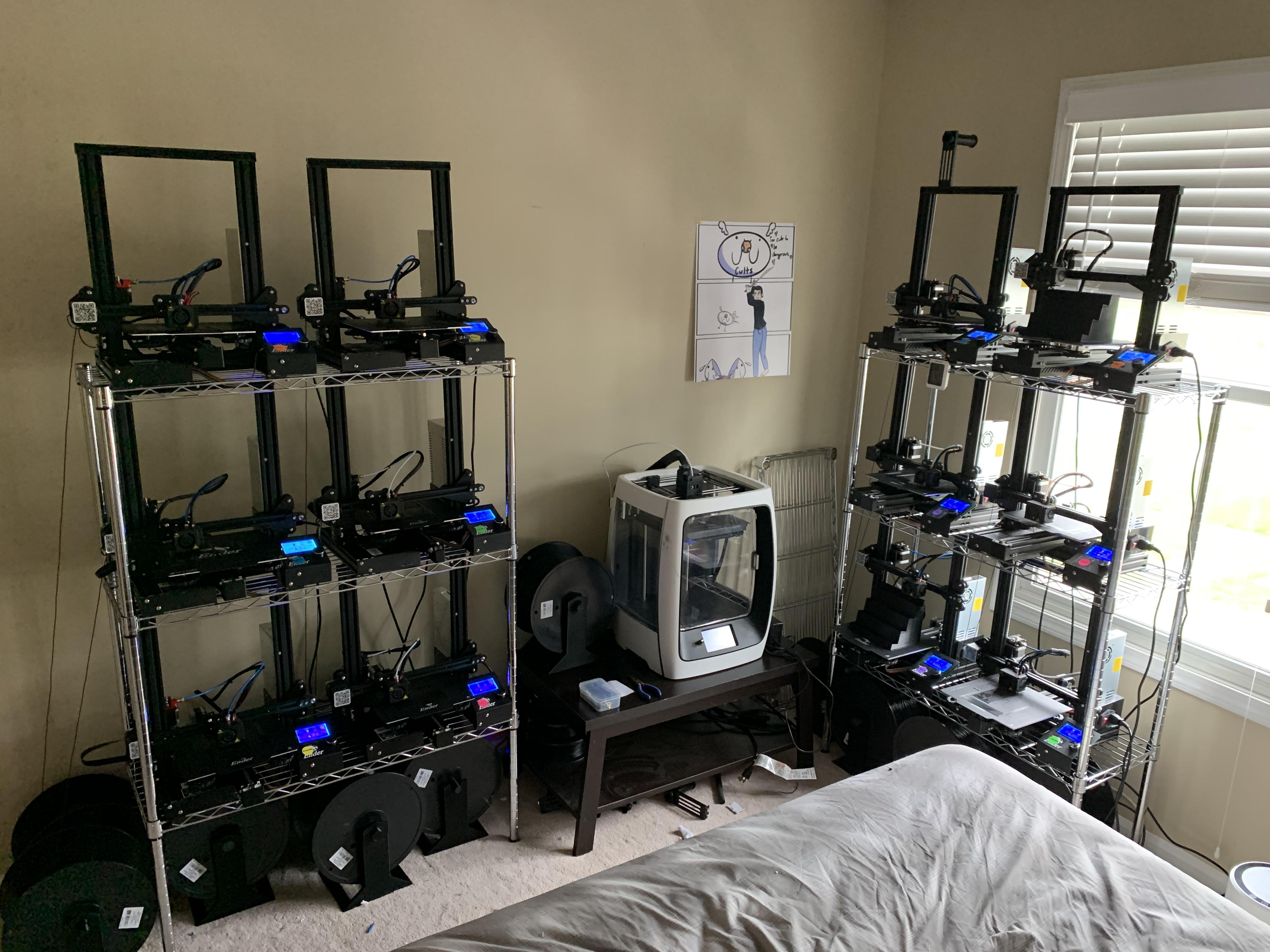 I just finished setting up my new racks. I have 13 3D printers. Mostly