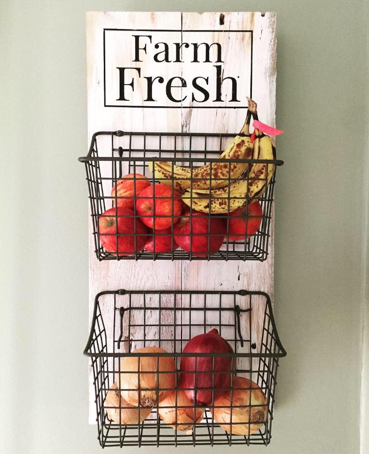 I made a produce holder from pallet wood and 10 baskets from Amazon