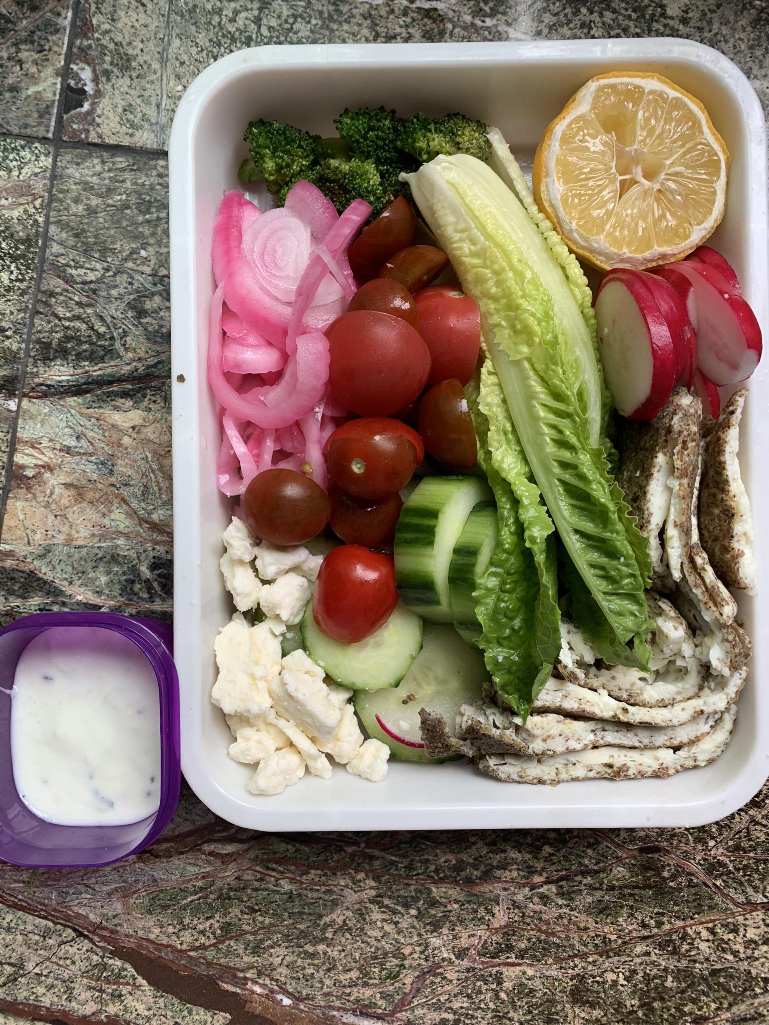 Egg white patty cooked with zataar seasoning, romaine, cuke, baby