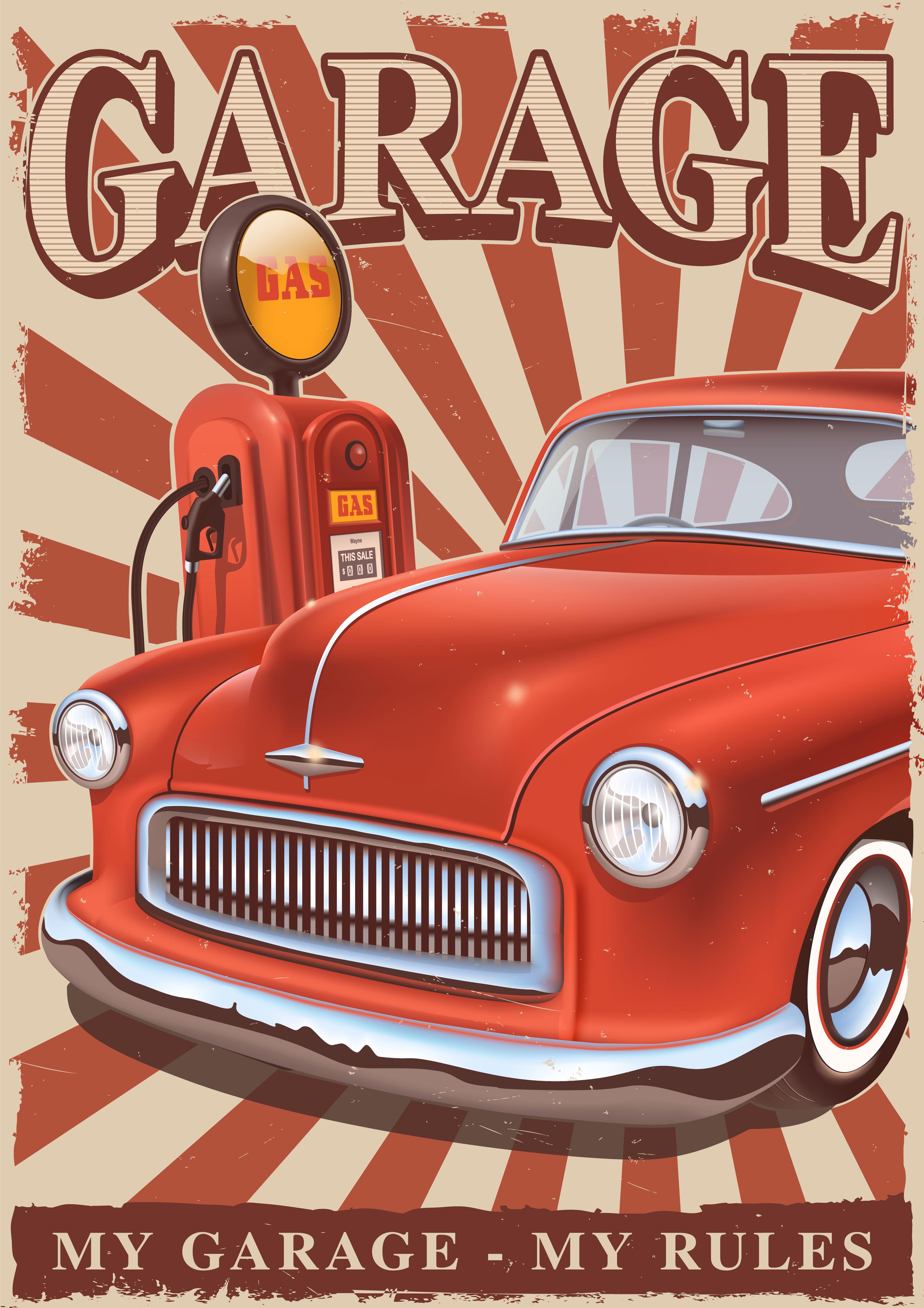 Vintage poster with classic car and old gas pump. r/Posters