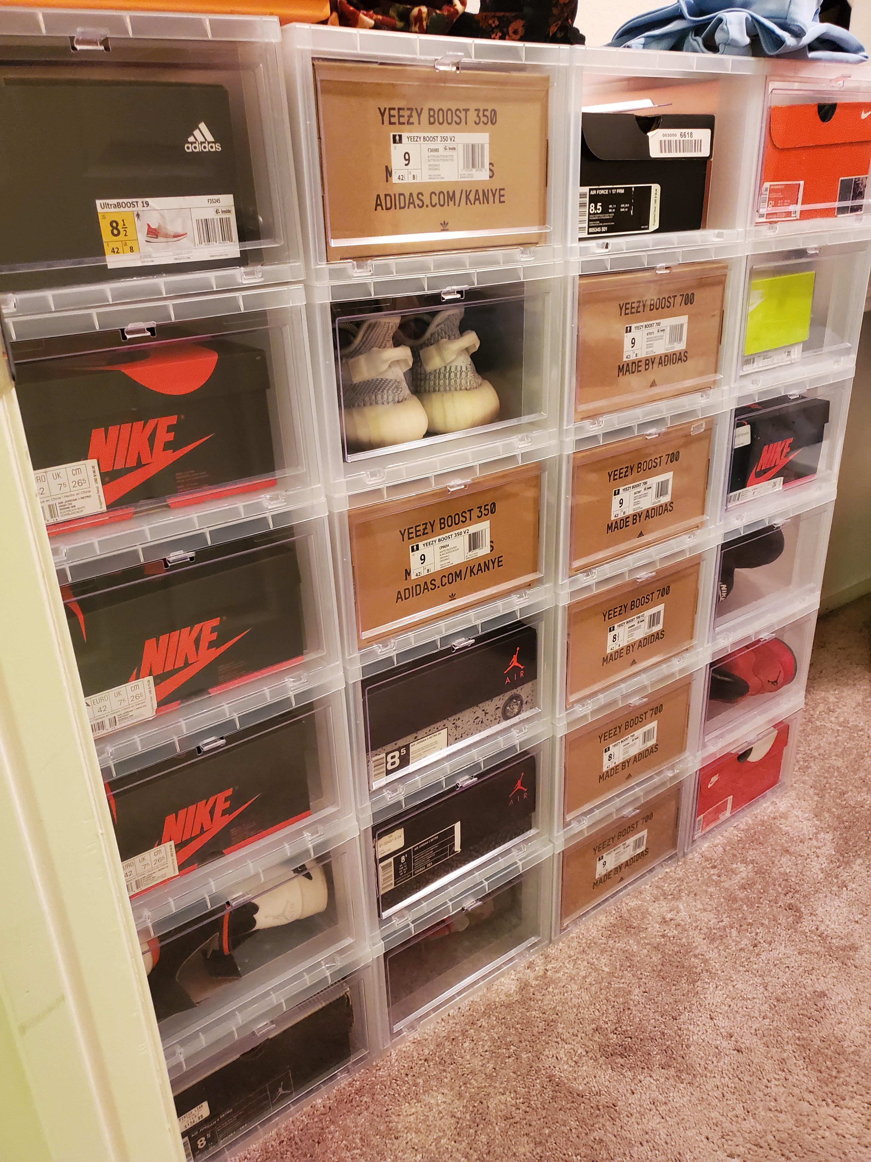 TIL my shoe boxes fit perfectly in my drop front boxes. It protects the