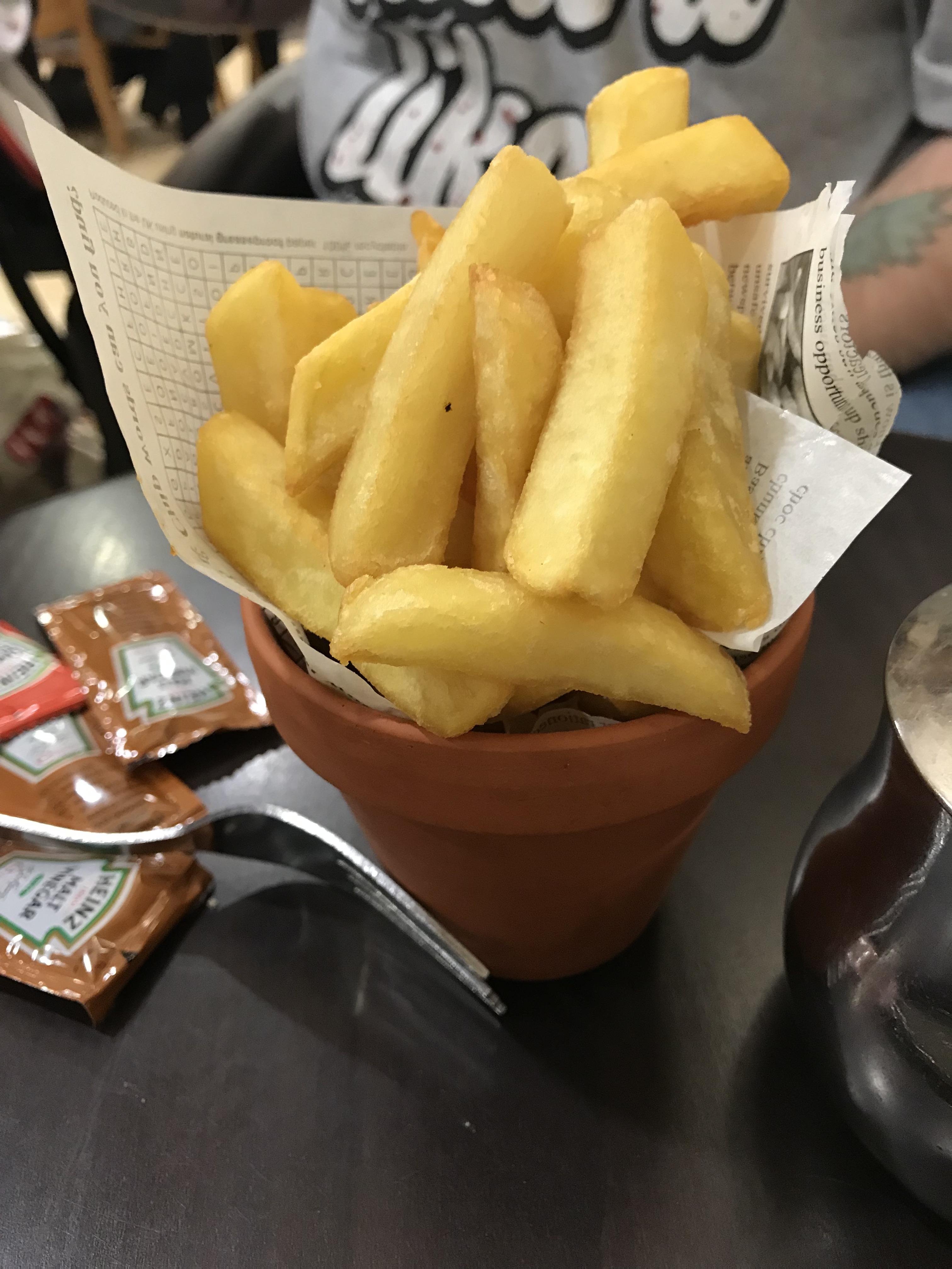 We went to a garden centre so naturally our chips were served in a