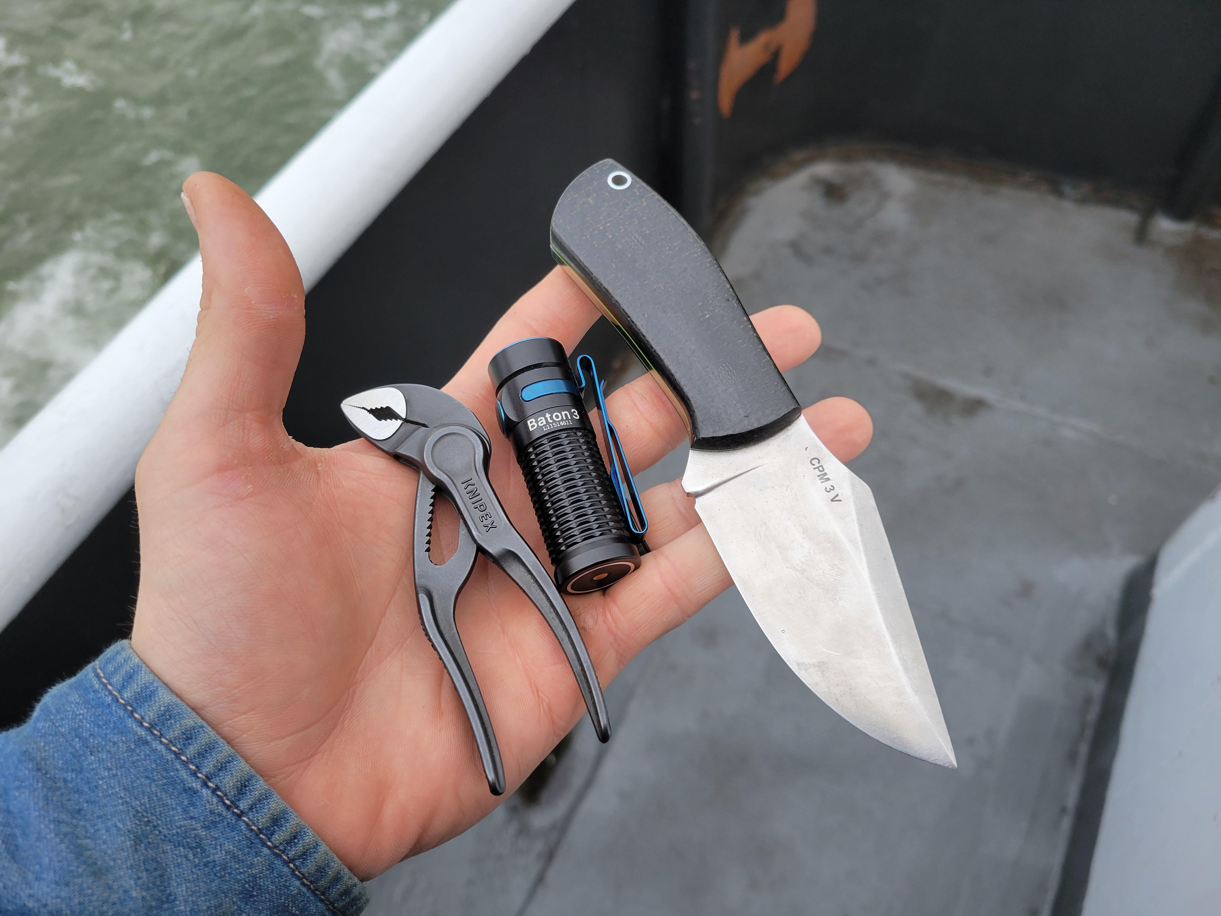 Left to right knipex cobra 4" pliers, olight baton 3, Dan Tope bulldog