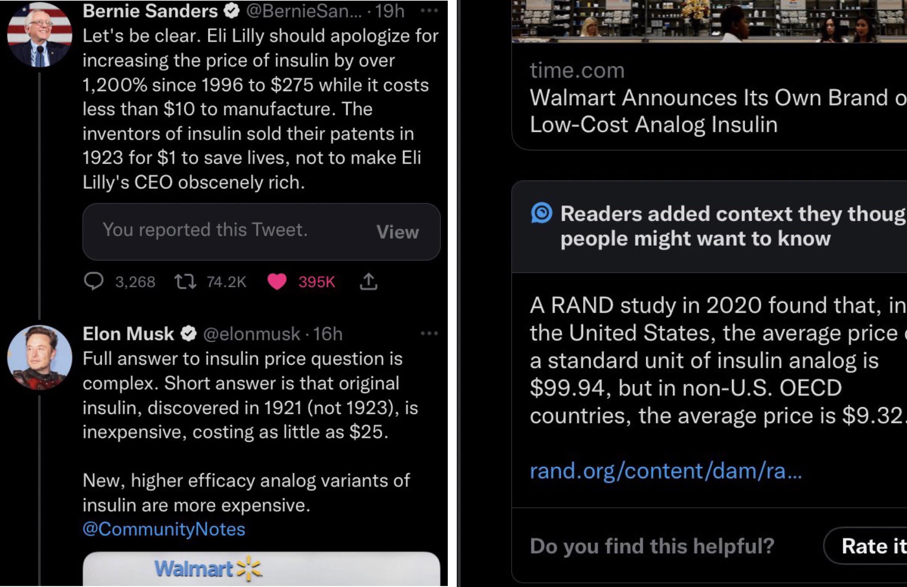 Elon musk tried to correct Bernie Sanders on insulin prices but then