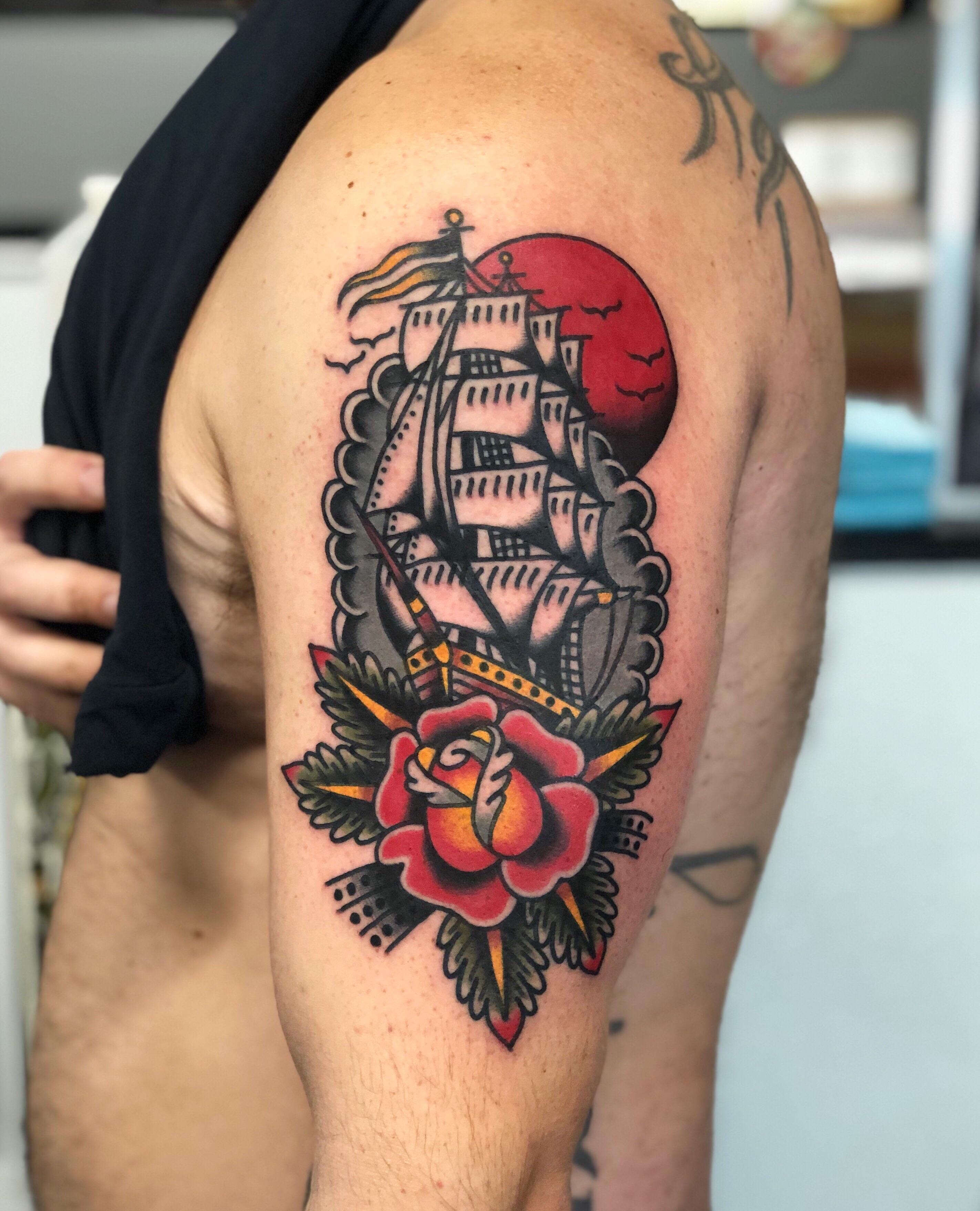 Ship and rose by me, Nicholas Adam Visible Ink Tattoo Malden, MA r/traditionaltattoos