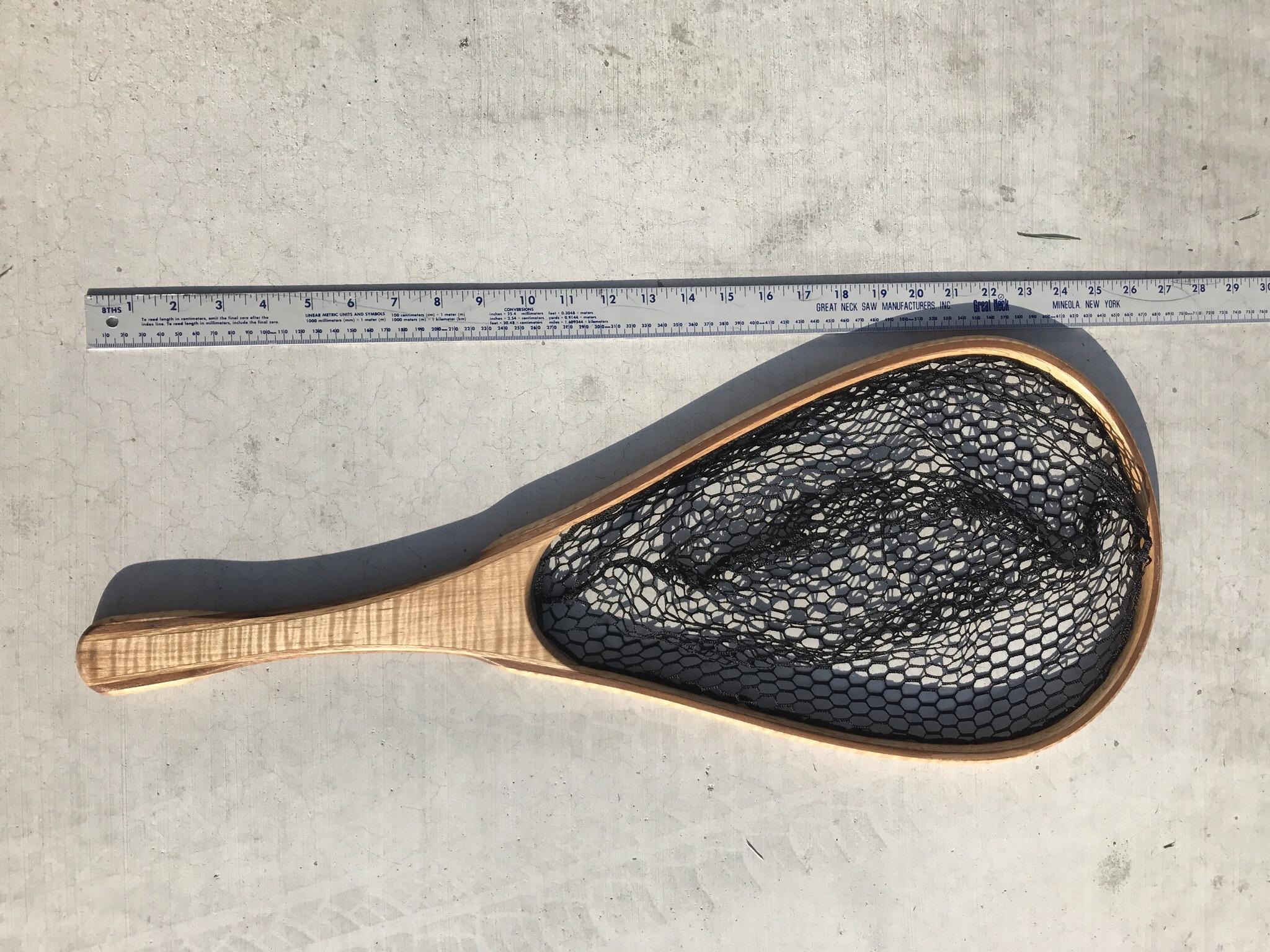 Short handled fishing net made out of curly maple and mahogany. r