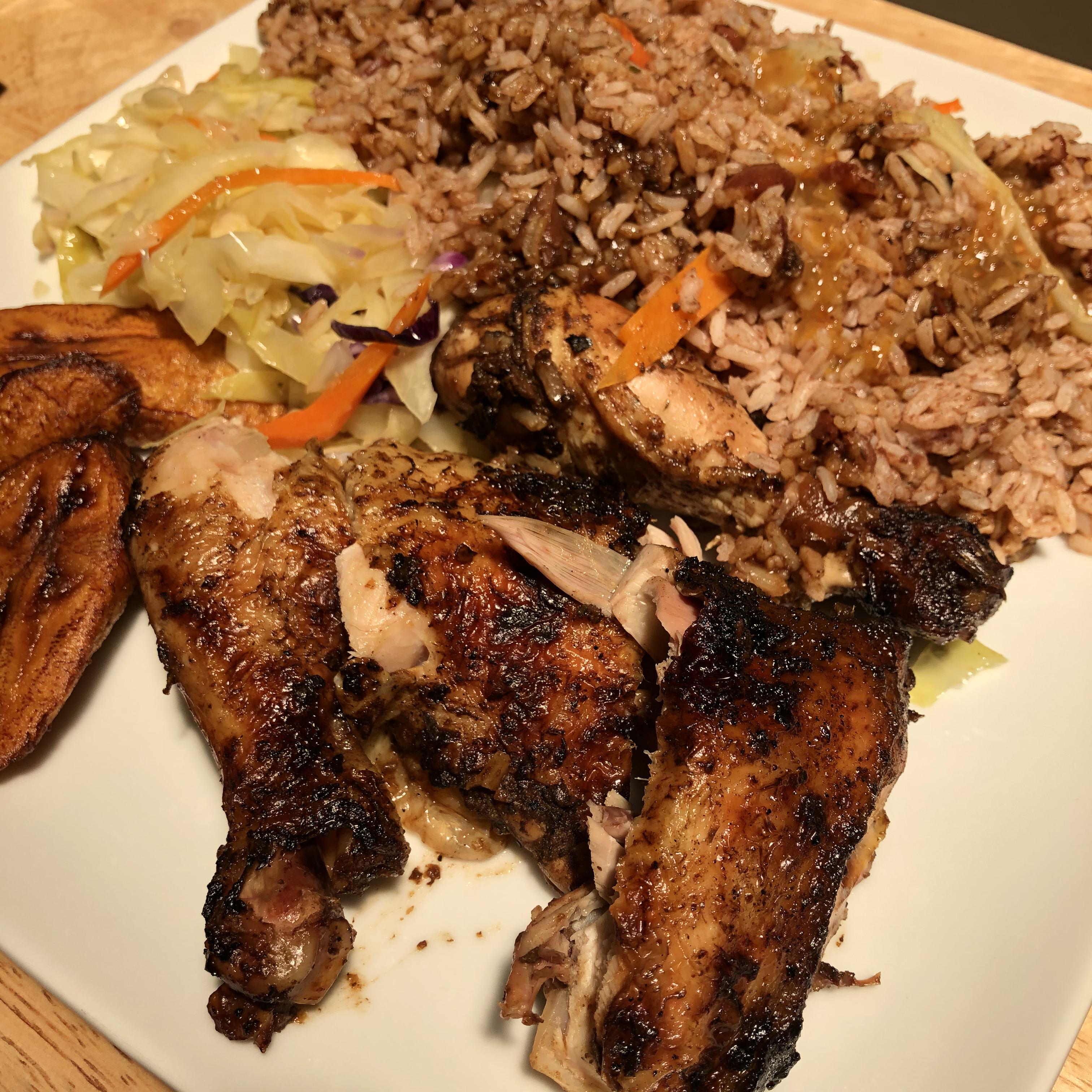 [i ate] Jamaican Jerk Chicken w Rice & Peas, Steamed Cabbage, and Fried
