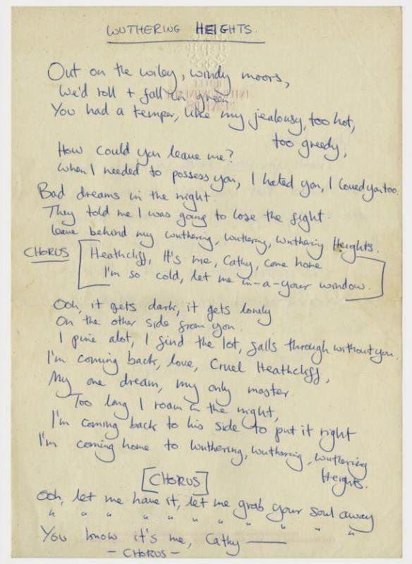 Kate Bush's handwritten lyrics for 'Wuthering Heights'. r