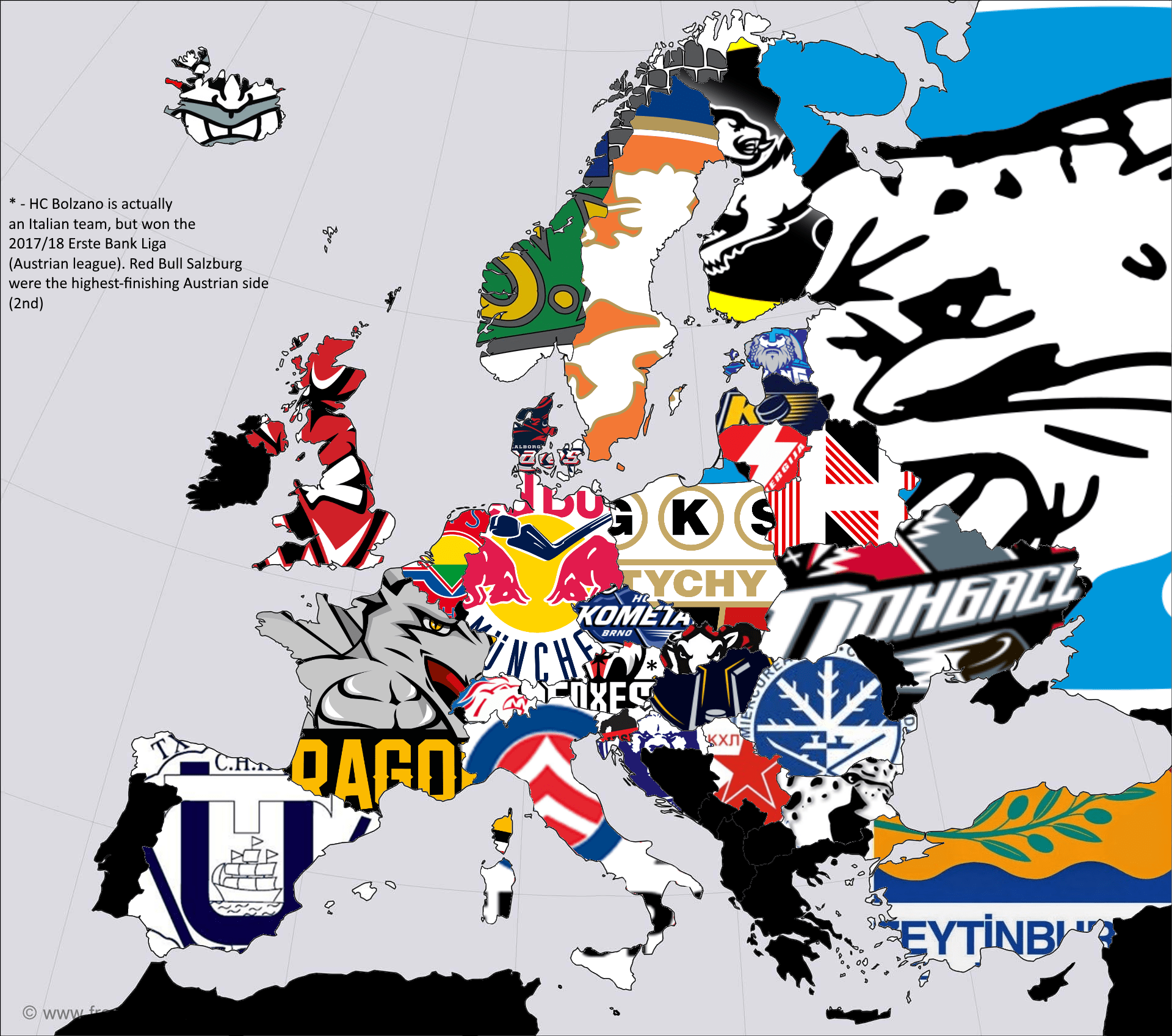 [OC] A map of Europe with all domestic ice hockey champions, 2018 r