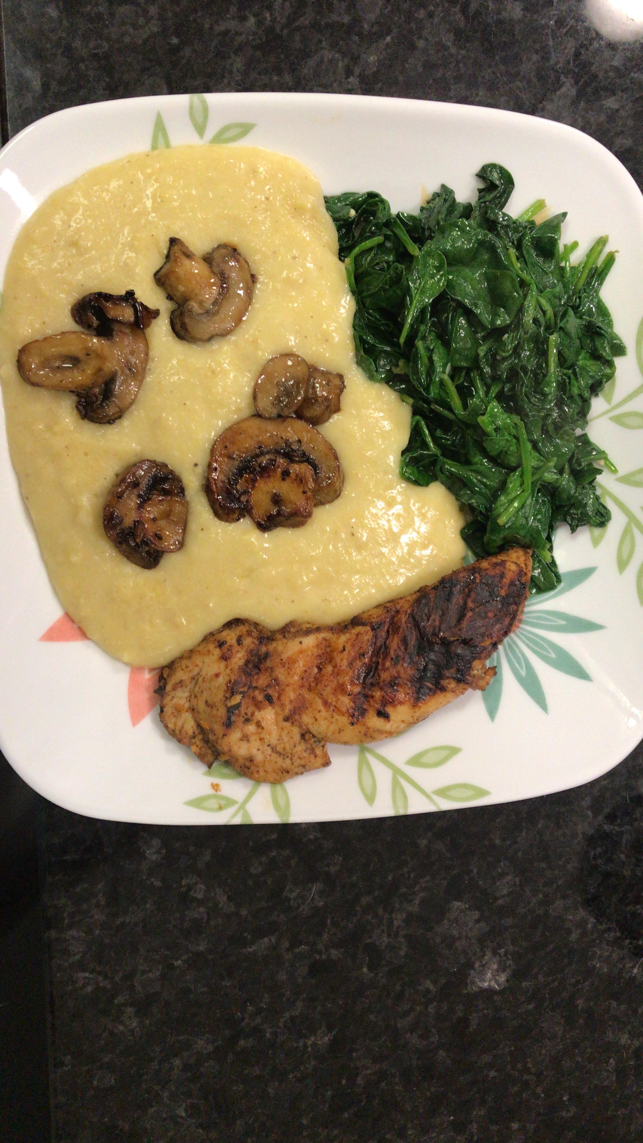 Dinner this week Swiss cheese polenta with sautéed mushrooms and