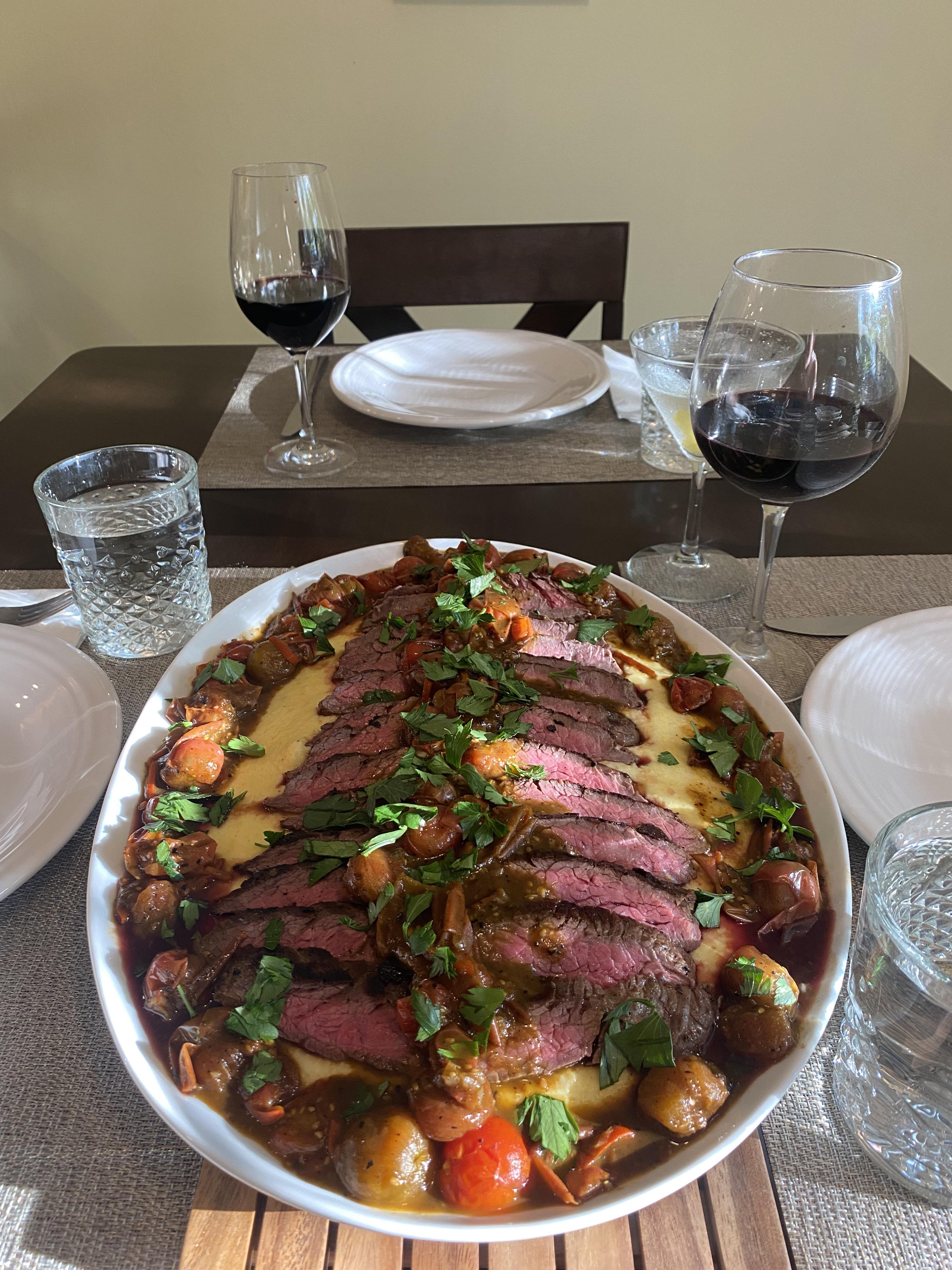 Kenji’s seared skirt steak with blistered cherry tomatoes and polenta