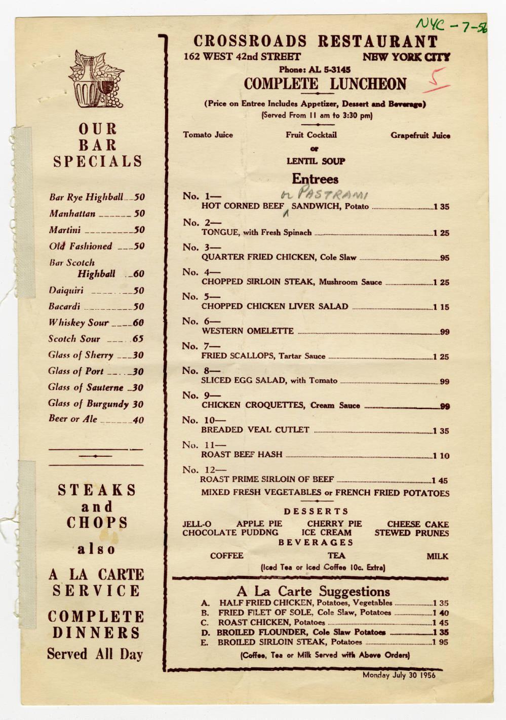 Lunch menu for Crossroads Restaurant, New York, New York, July 30, 1956