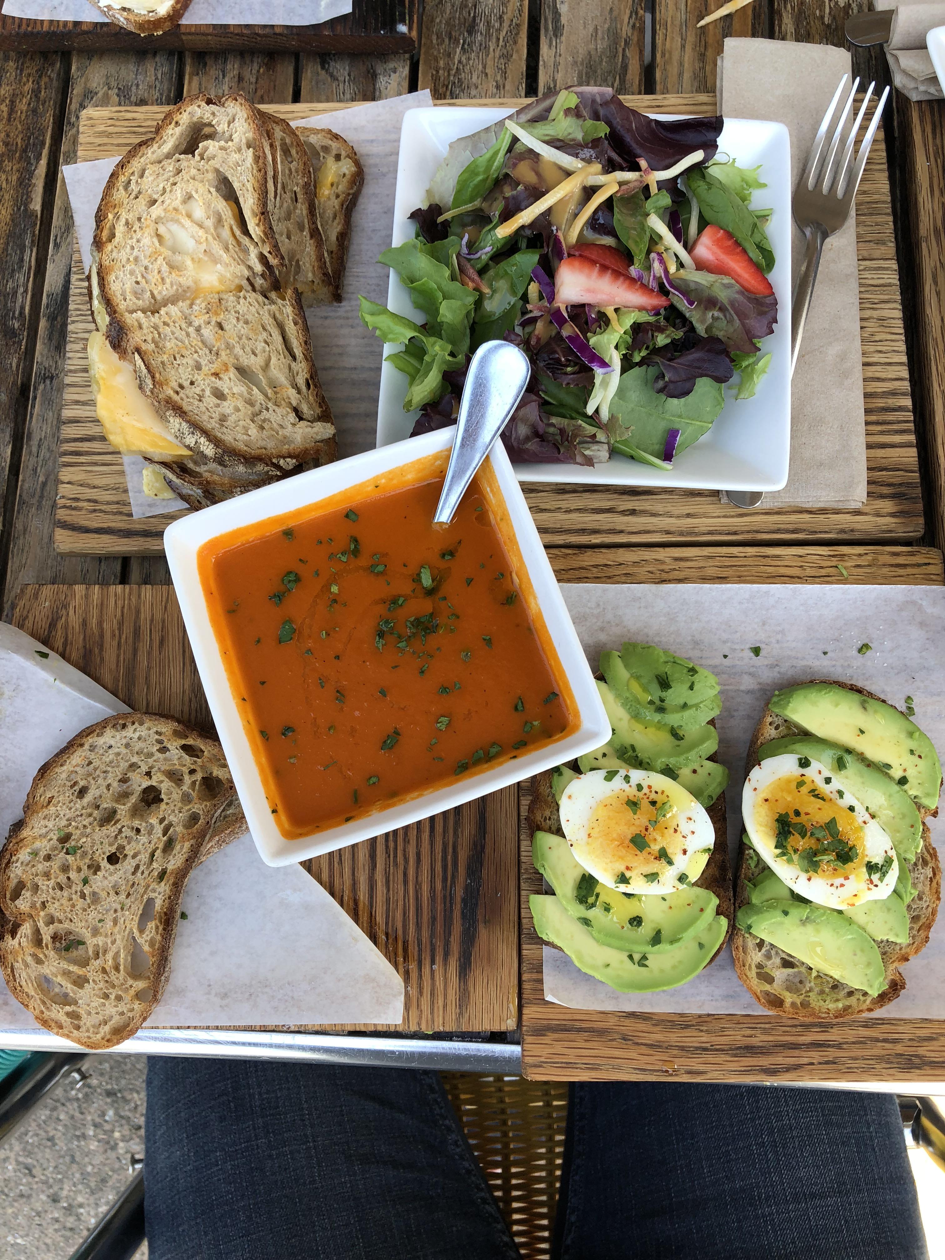 [I ate] avocado and egg toastini, tomato soup, sandwich, and salad. r