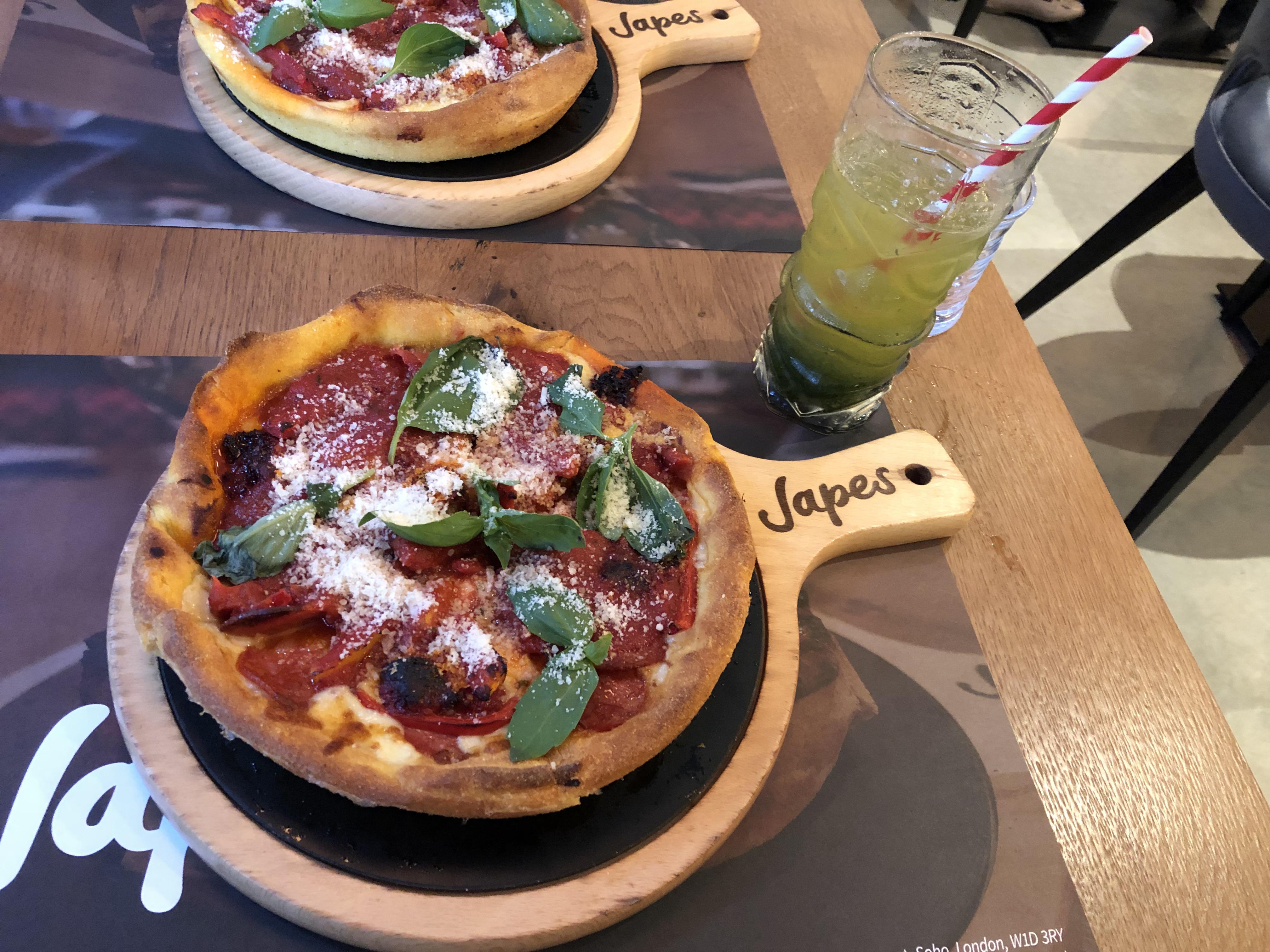 Chicago style deep dish W/ pepperoni, njuda, peppers and basil at Japes