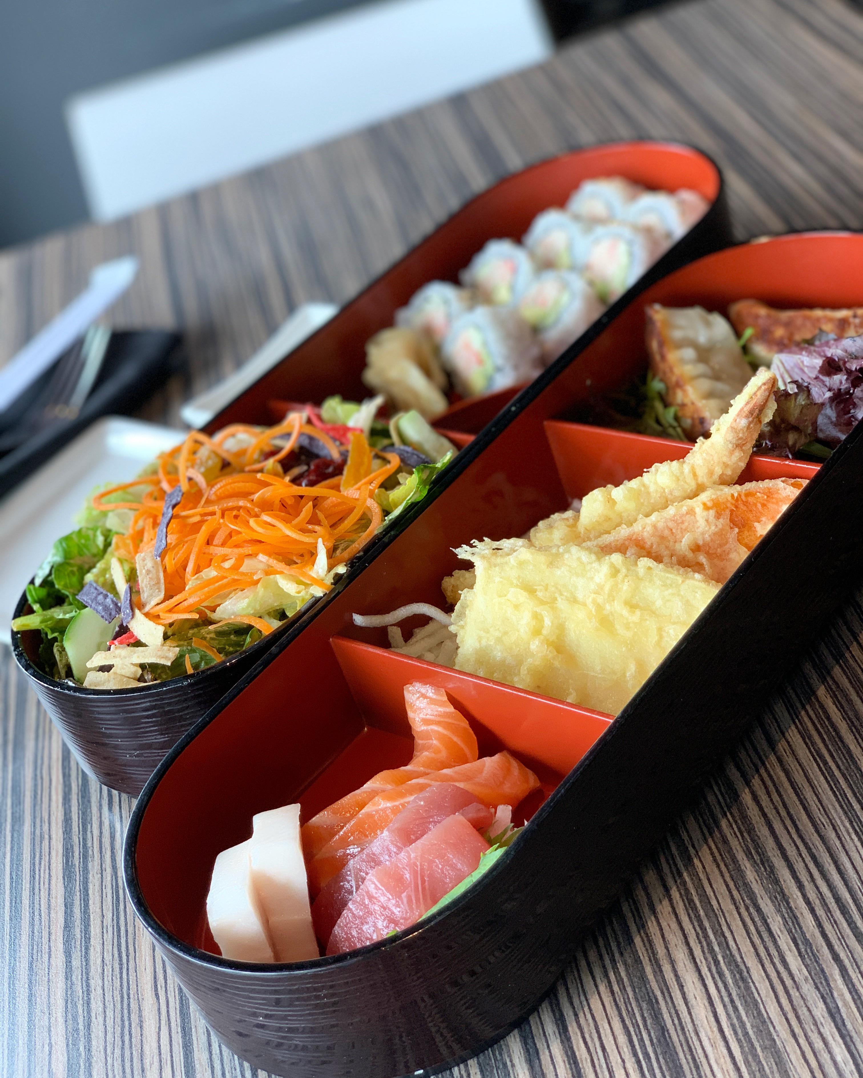 Lunch Bento Box with Sashimi, Tempura, Gyoza, Sushi and Salad r/FoodPorn