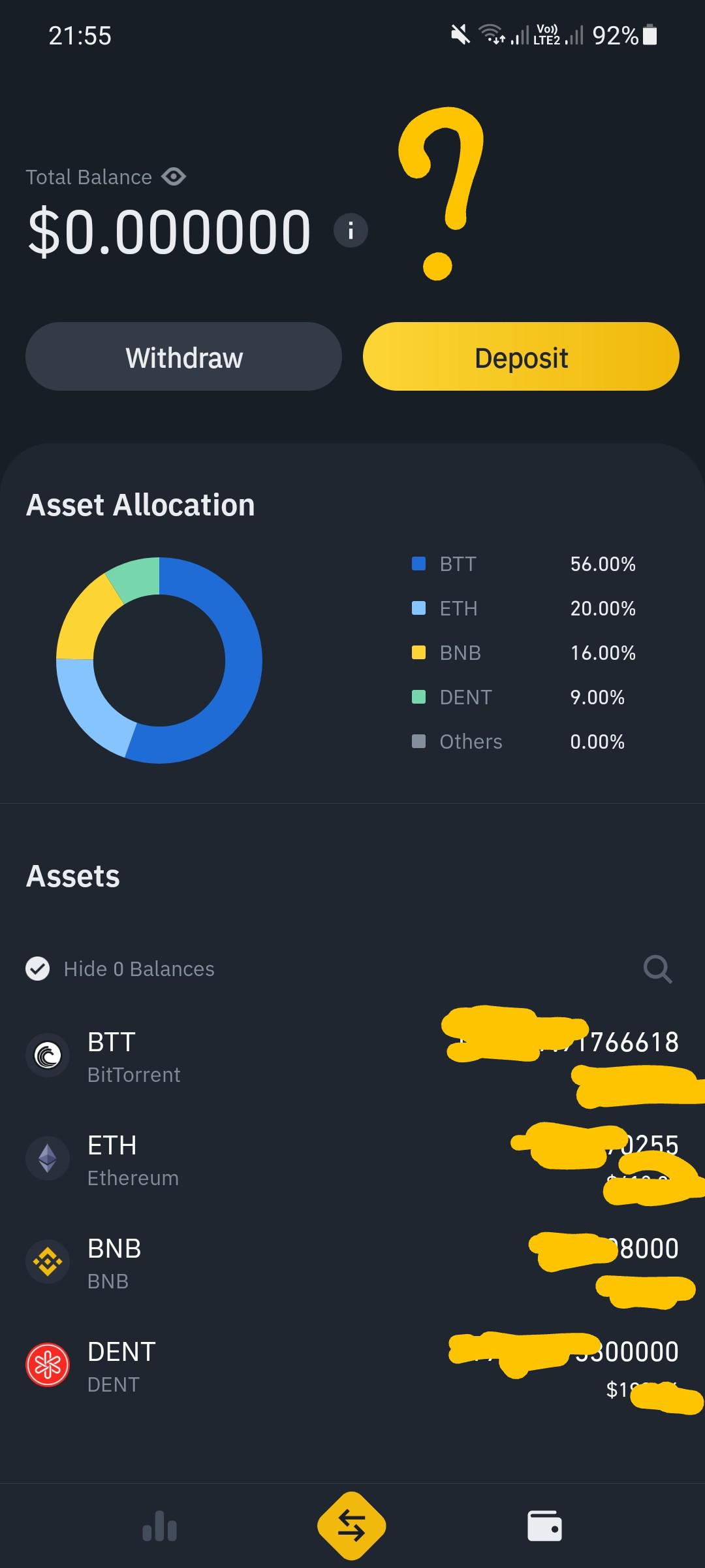 Total balance appearing zeroed in Binance light? binance